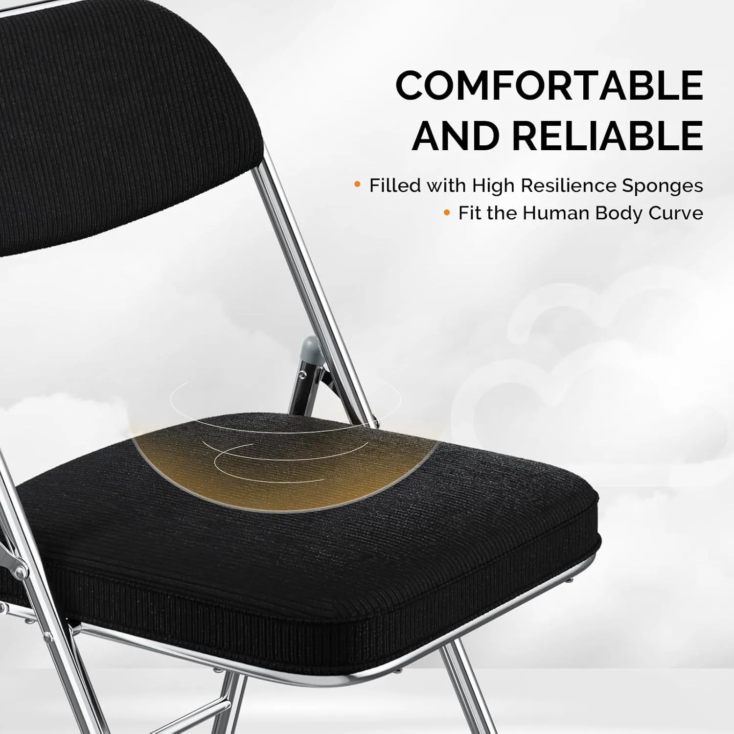 VINGLI Folding Chairs with Padded Seat & Backrest, Metal Frame, Durable Corduroy Fabric, 350 lbs Capacity, Set of 6, Black – Ideal for Weddings, Parties, Office Events