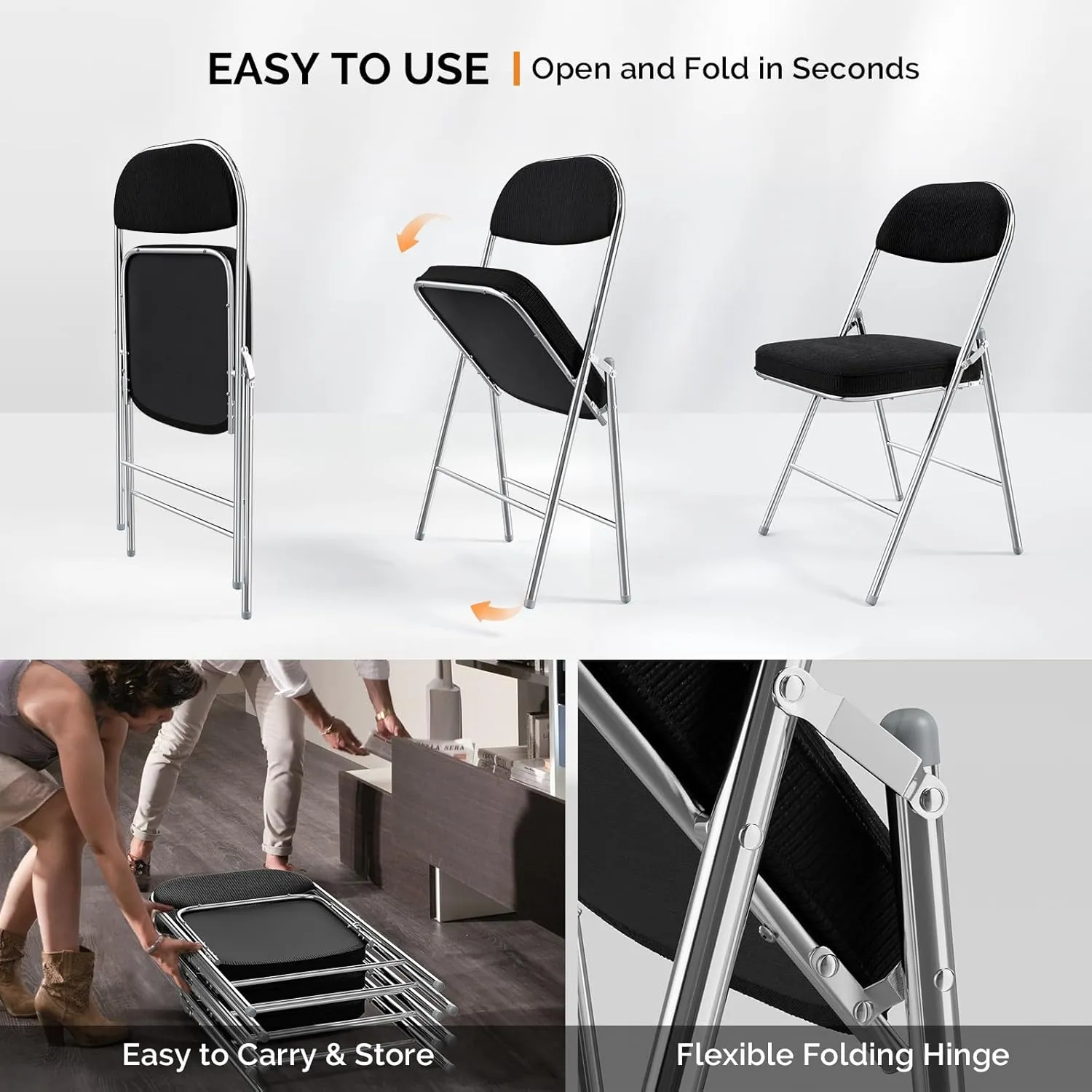 VINGLI Folding Chairs with Padded Seat & Backrest, Metal Frame, Durable Corduroy Fabric, 350 lbs Capacity, Set of 6, Black – Ideal for Weddings, Parties, Office Events