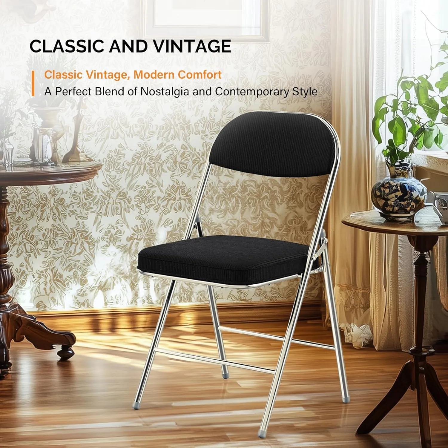 VINGLI Folding Chairs with Padded Seat & Backrest, Metal Frame, Durable Corduroy Fabric, 350 lbs Capacity, Set of 6, Black – Ideal for Weddings, Parties, Office Events