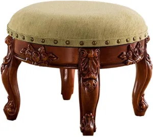 Vintage Faux Leather Carved Footstool with Buttons 4 Carved Legs Sofa with European Decorations Coffee Table Stool,Cream White Padded Round Footstool (Green)