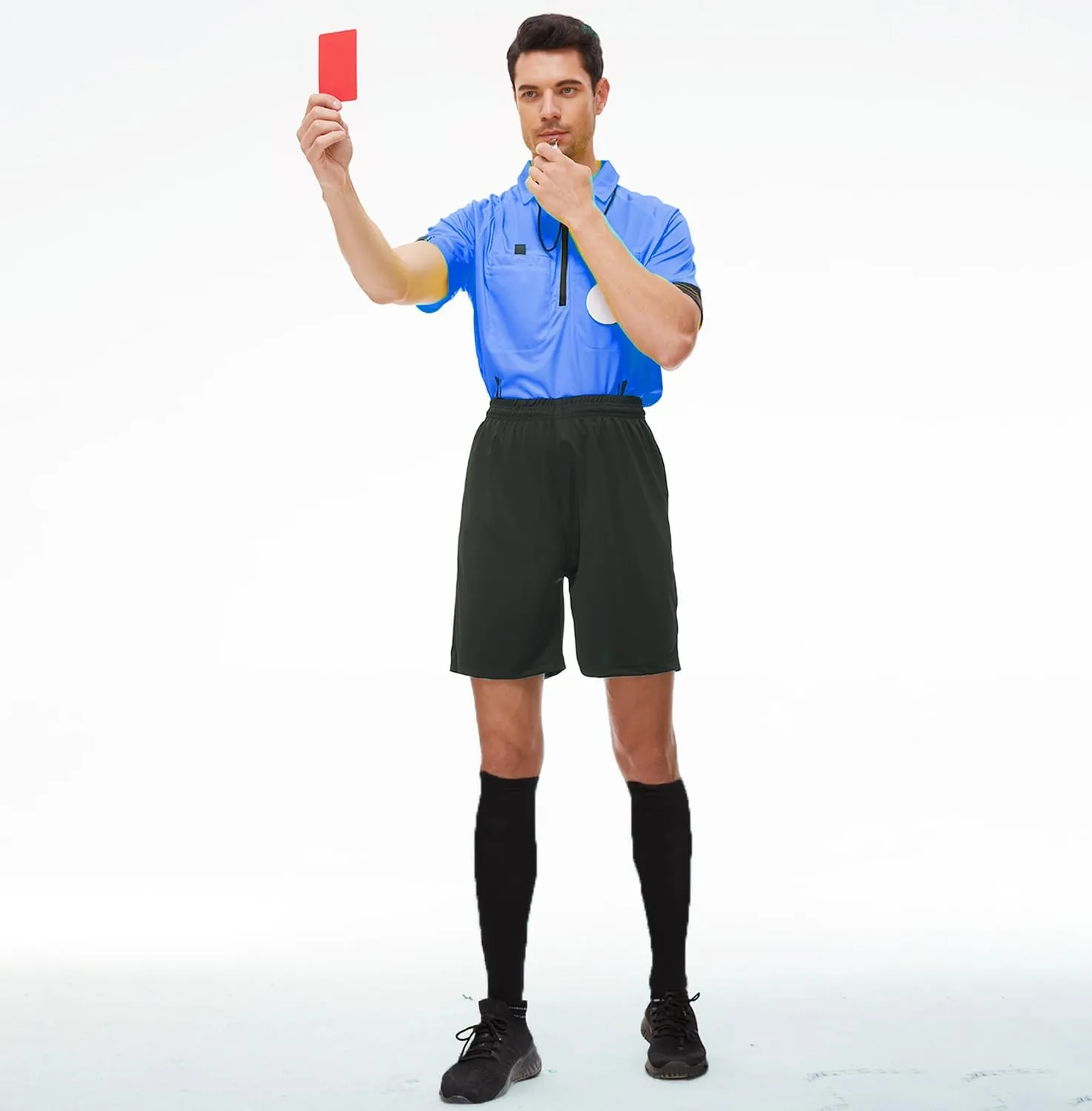 VKT Soccer Referee Kit Soccer Referee Shirt Jersey Shorts Ref Socks Whistle Red Yellow Card for Men & Women Halloween Costume