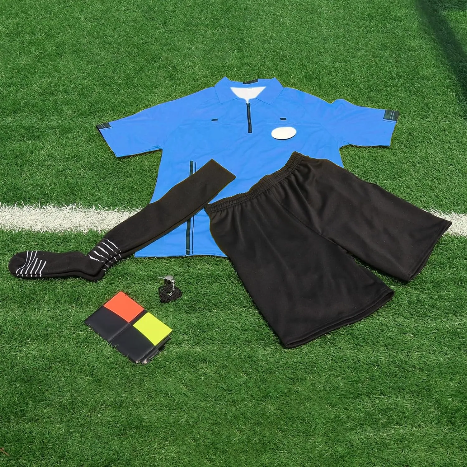 VKT Soccer Referee Kit Soccer Referee Shirt Jersey Shorts Ref Socks Whistle Red Yellow Card for Men & Women Halloween Costume