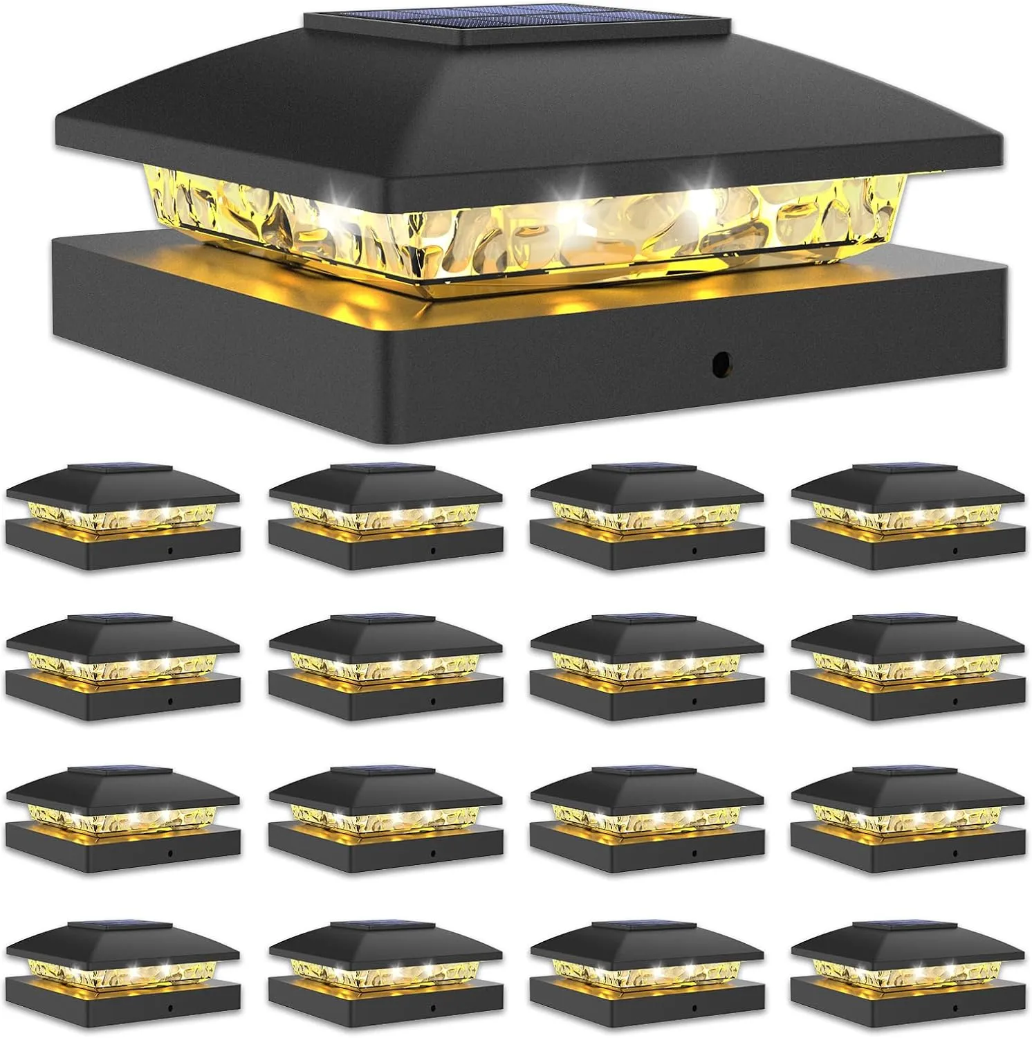 VOLISUN 4x4 Solar Post Cap Light 16pack,Solar Fence - Post Lights Outdoor Waterproof for Wooden/Vinyl,Black Deck Cap Light Solar Powered with Warm White for Garden/Patio/Porch