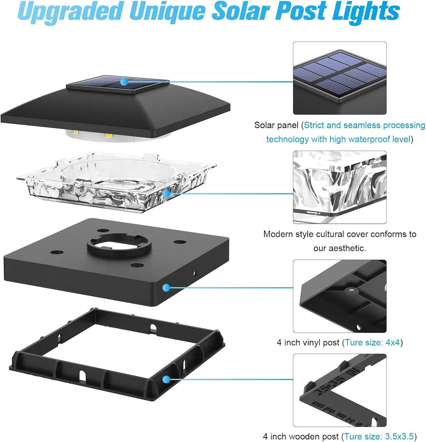 VOLISUN 4x4 Solar Post Cap Light 16pack,Solar Fence - Post Lights Outdoor Waterproof for Wooden/Vinyl,Black Deck Cap Light Solar Powered with Warm White for Garden/Patio/Porch