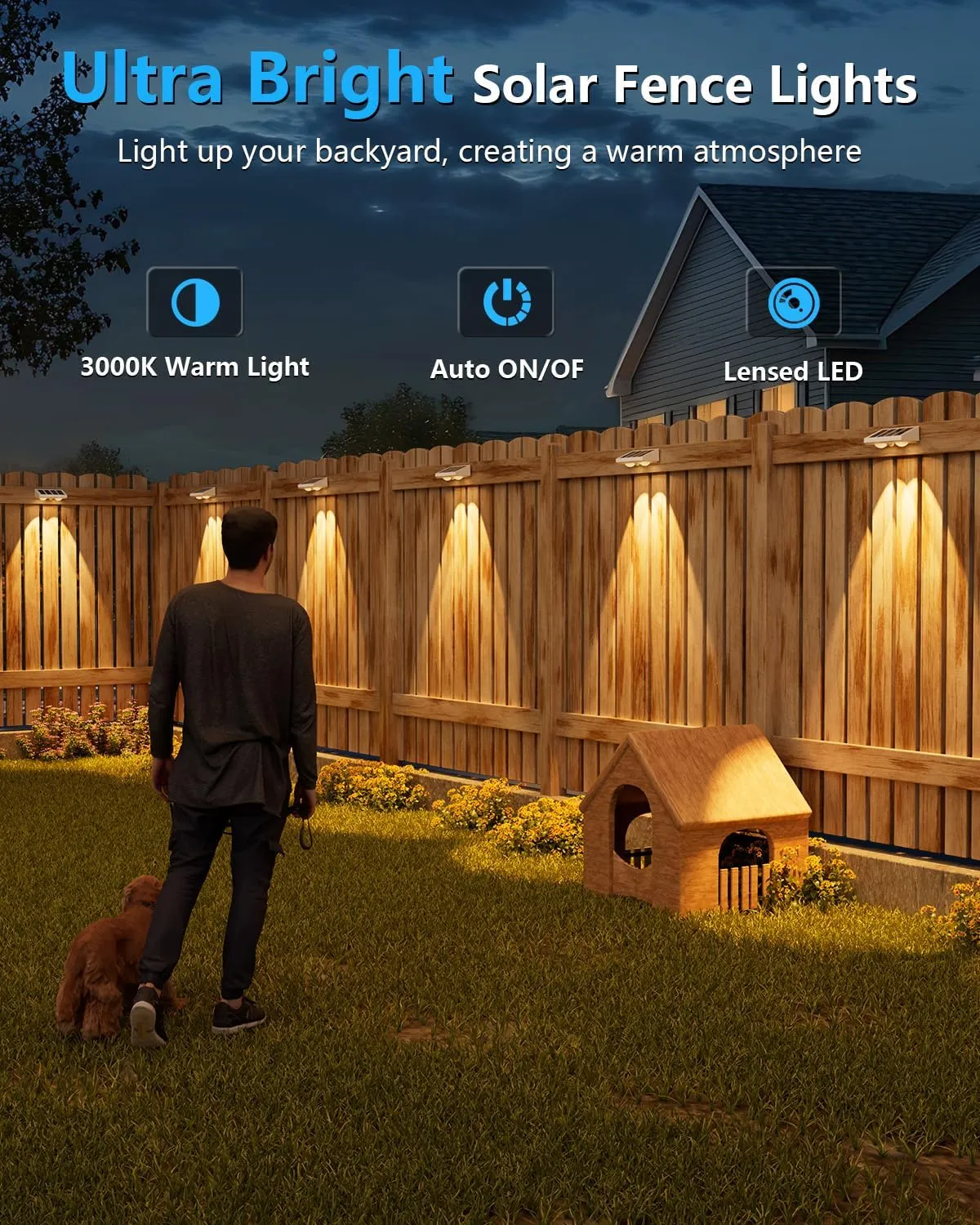 VOLISUN Solar Fence Lights, 8 Pack Solar Powered Fence Lights Outdoor with Warm White LED Spot Lens, IP65 Waterproof Fence Solar Lights Outdoor for Patio, Backyard, Railing, Deck（White）
