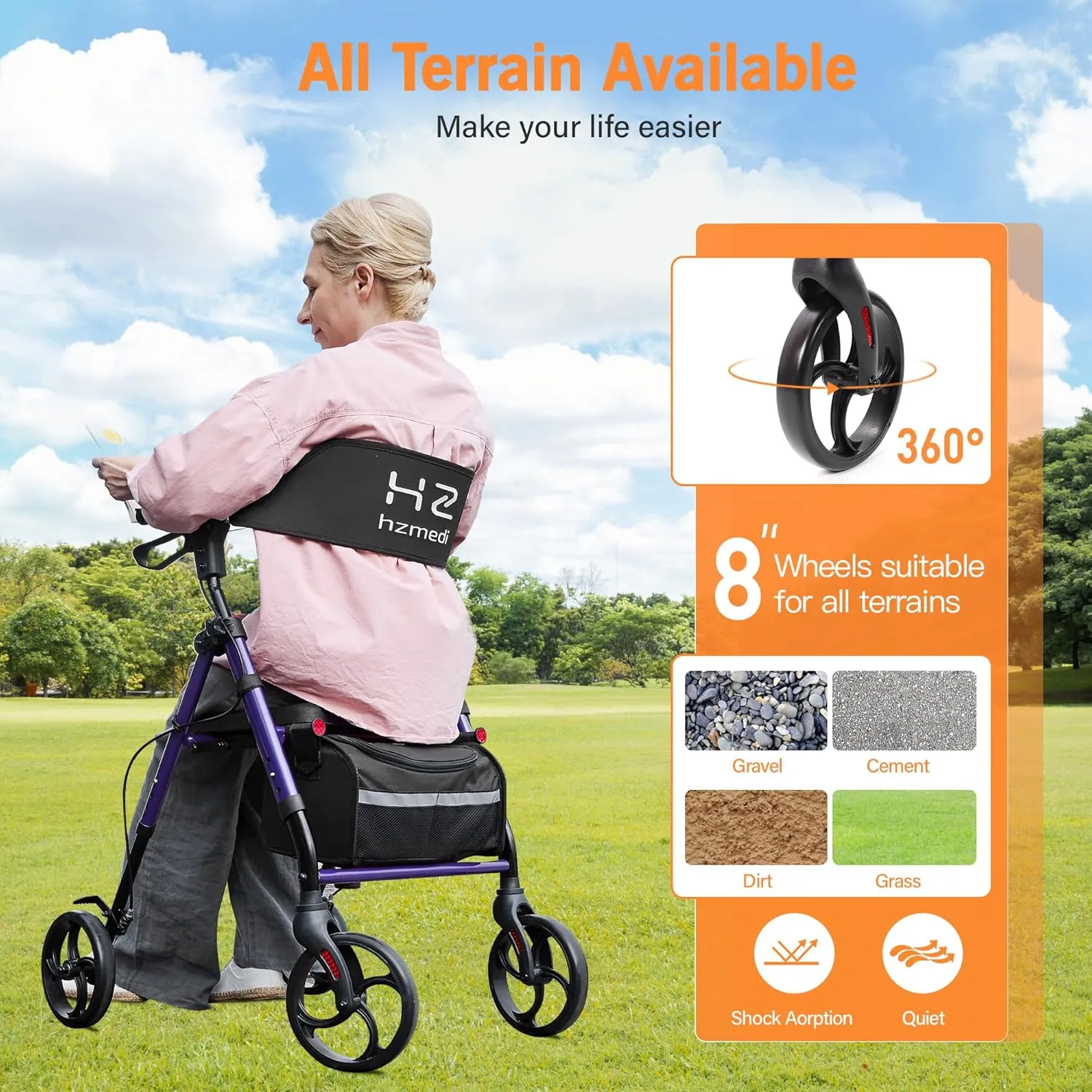 Walkers for Seniors, Purple Foldable Rollator Walker with Durable Aluminum, Dual Adjustable Height Medical Rolling Walker 8" Wheels for All Terrain, Transport Chair with Seat and Backrest| Purple