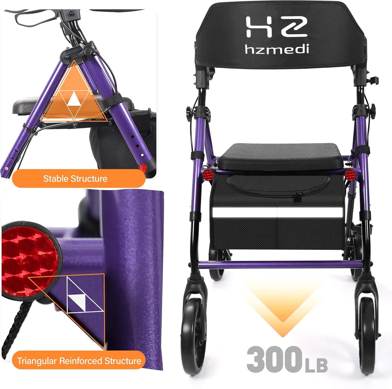 Walkers for Seniors, Purple Foldable Rollator Walker with Durable Aluminum, Dual Adjustable Height Medical Rolling Walker 8" Wheels for All Terrain, Transport Chair with Seat and Backrest| Purple