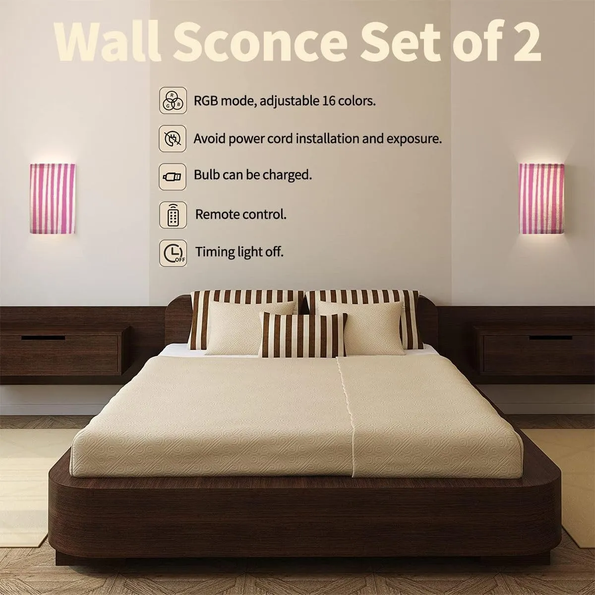 Wall Sconces Set of Two Battery Operated Abstract Vertical Striped Pattern Pink White Cute Baby Print Wireless Plug in Wall Lights Fixtures Remote Dimmable for Bedroom Living Room Hallway