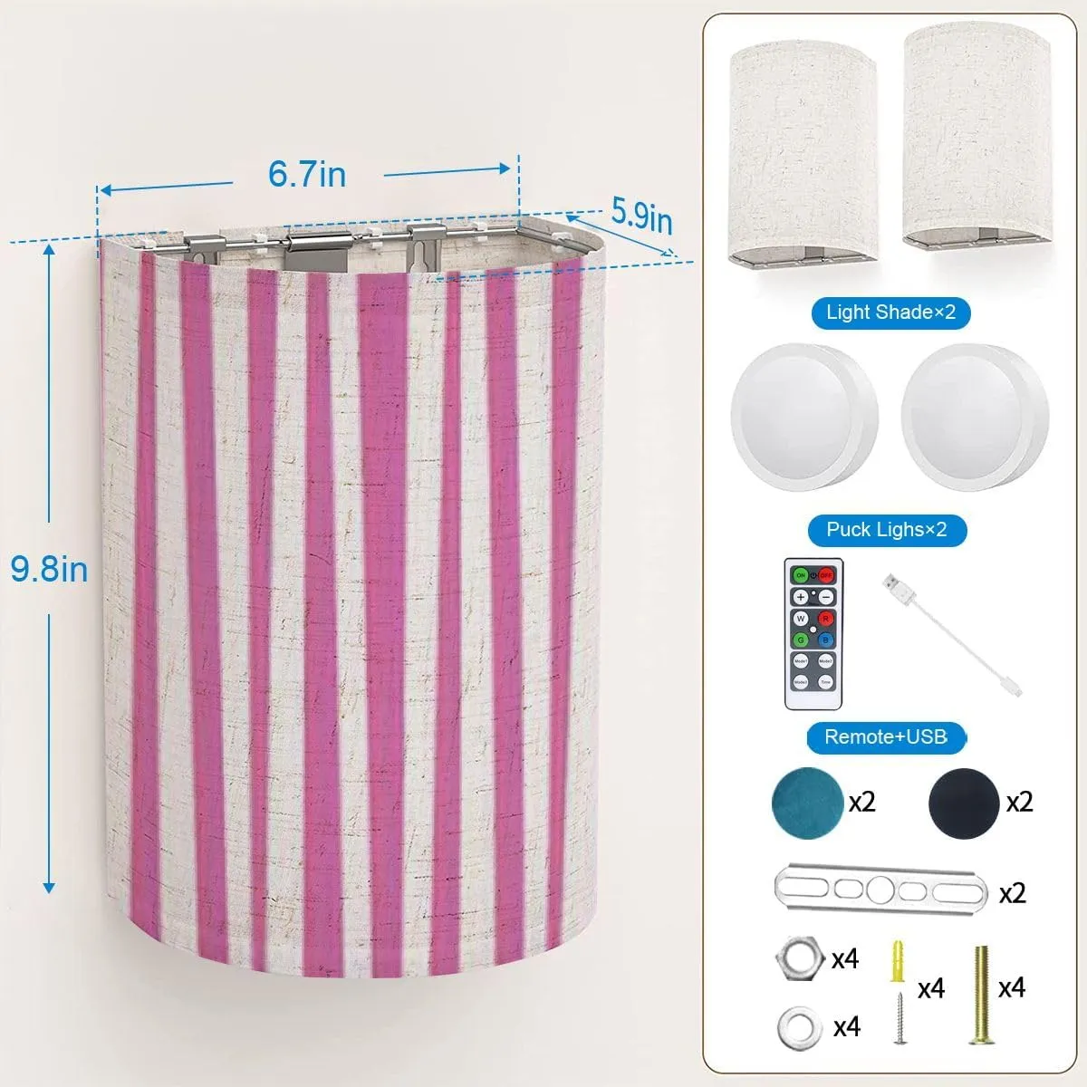 Wall Sconces Set of Two Battery Operated Abstract Vertical Striped Pattern Pink White Cute Baby Print Wireless Plug in Wall Lights Fixtures Remote Dimmable for Bedroom Living Room Hallway