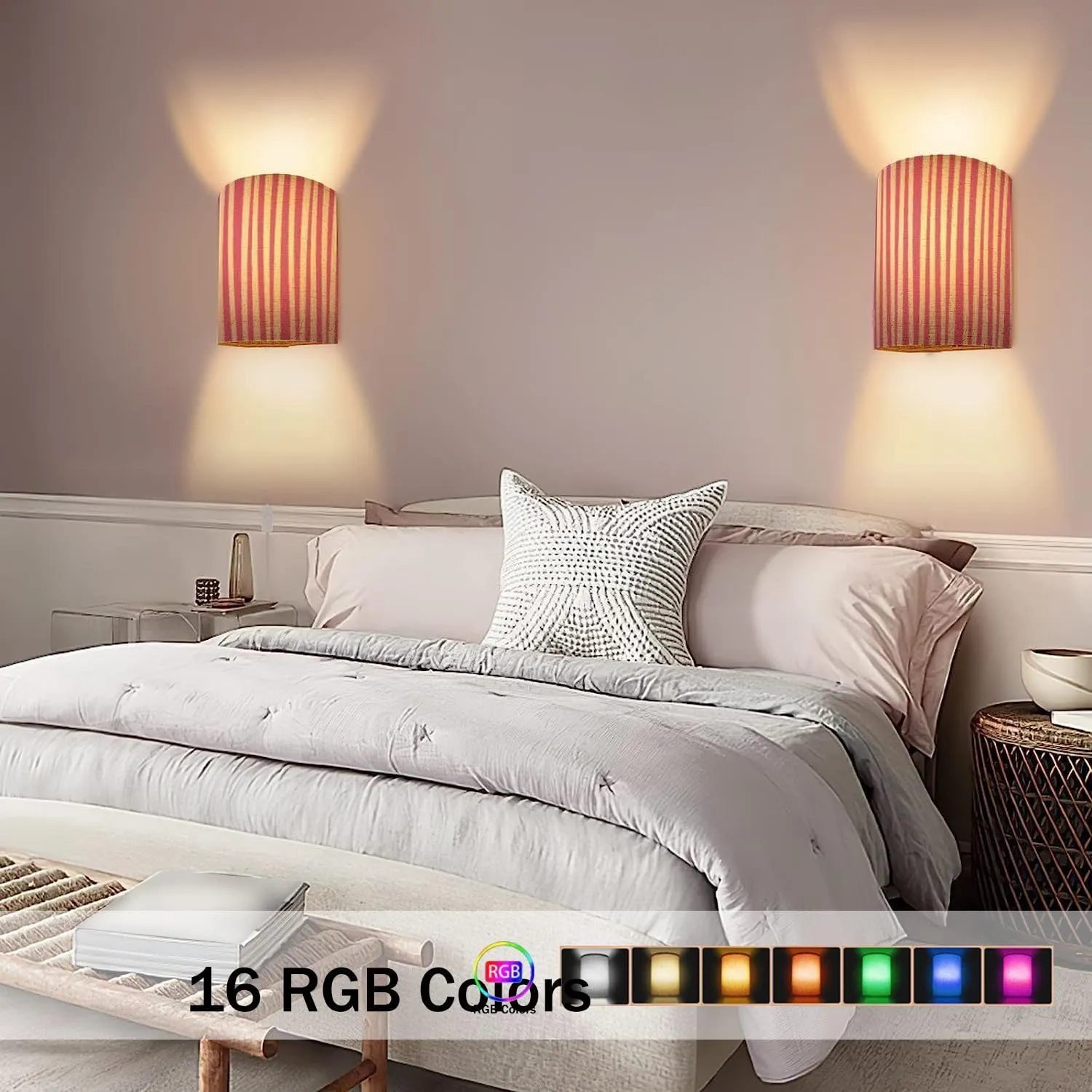 Wall Sconces Set of Two Battery Operated Abstract Vertical Striped Pattern Pink White Cute Baby Print Wireless Plug in Wall Lights Fixtures Remote Dimmable for Bedroom Living Room Hallway