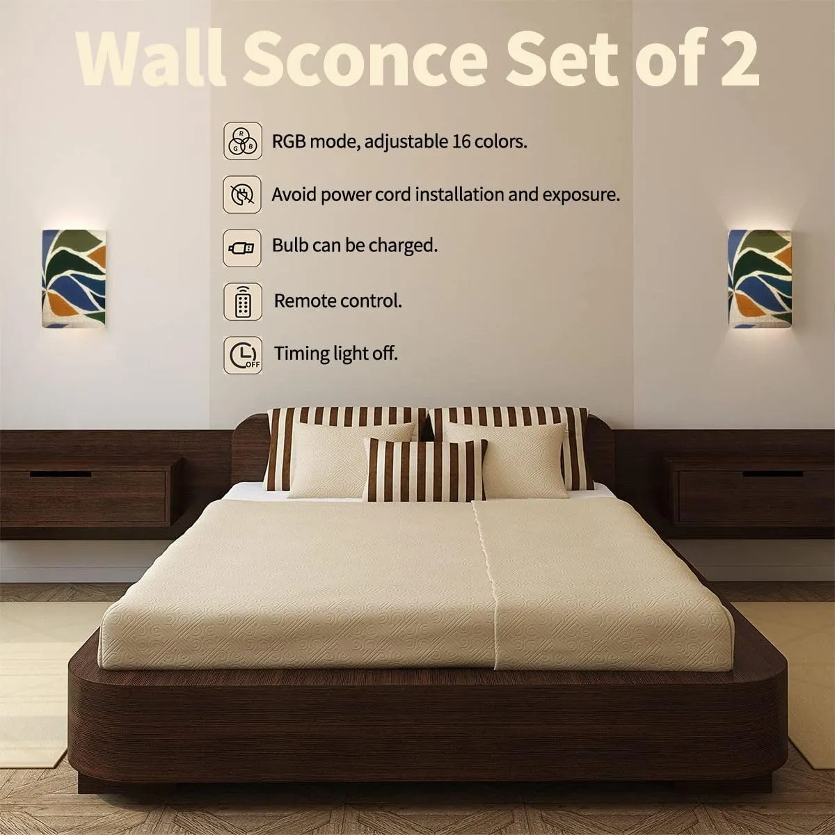Wall Sconces Set of Two Battery Operated Hand Drawn Trendy Minimal Abstract Pattern Creative Collage Wireless Plug in Wall Lights Fixtures Remote Dimmable for Bedroom Living Room Hallway