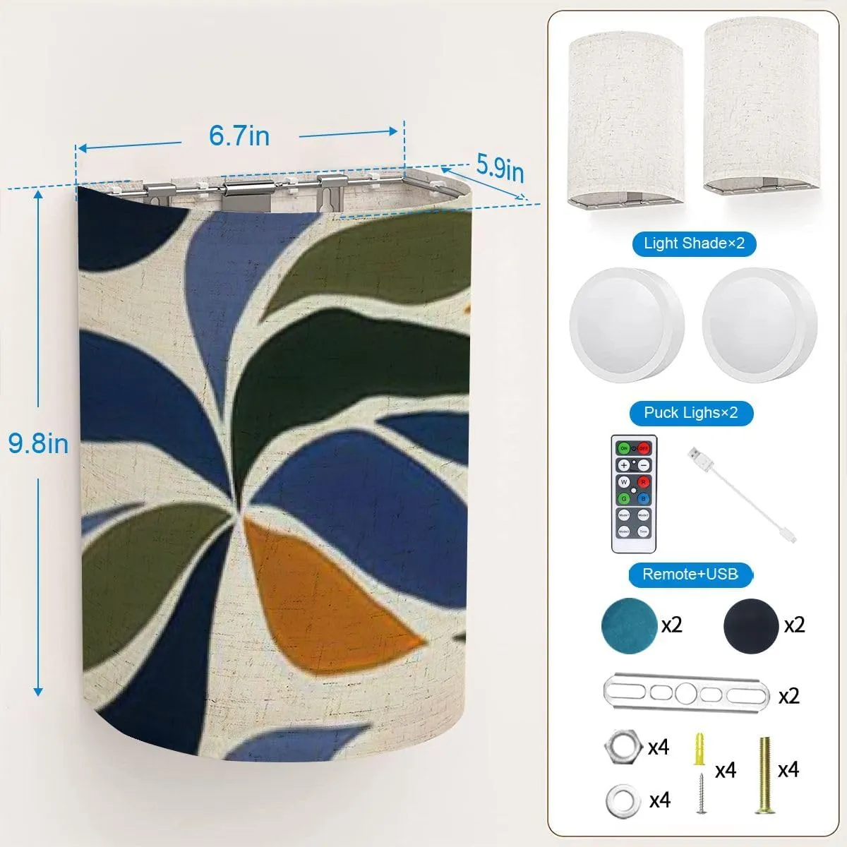 Wall Sconces Set of Two Battery Operated Hand Drawn Trendy Minimal Abstract Pattern Creative Collage Wireless Plug in Wall Lights Fixtures Remote Dimmable for Bedroom Living Room Hallway