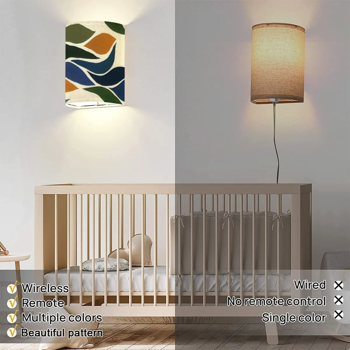 Wall Sconces Set of Two Battery Operated Hand Drawn Trendy Minimal Abstract Pattern Creative Collage Wireless Plug in Wall Lights Fixtures Remote Dimmable for Bedroom Living Room Hallway