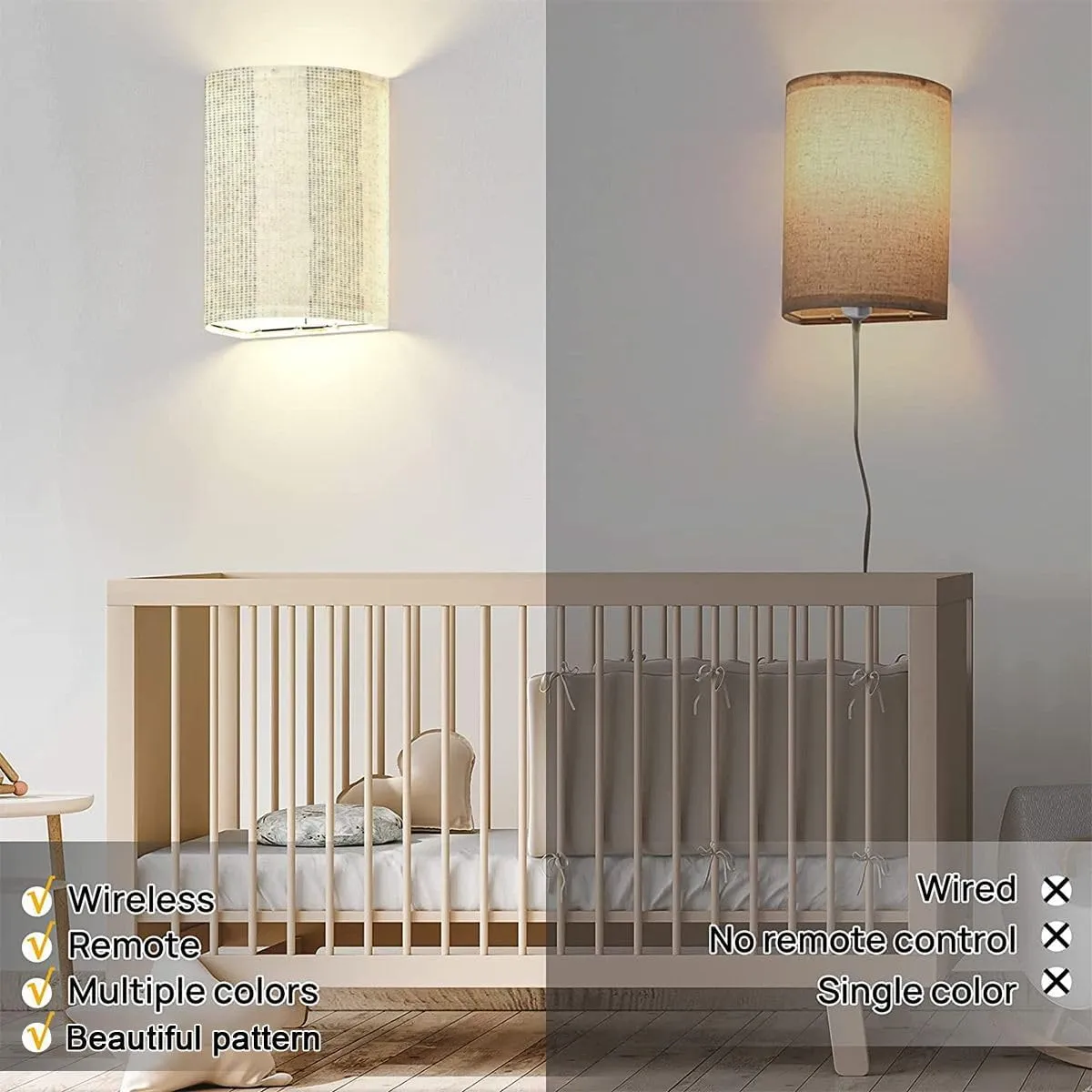 Wall Sconces Set of Two Battery Operated Monochrome Washed Canvas Textured Subtle Stripes Seamless Pattern Wireless Plug in Wall Lights Fixtures Remote Dimmable for Bedroom Living Room Hallway