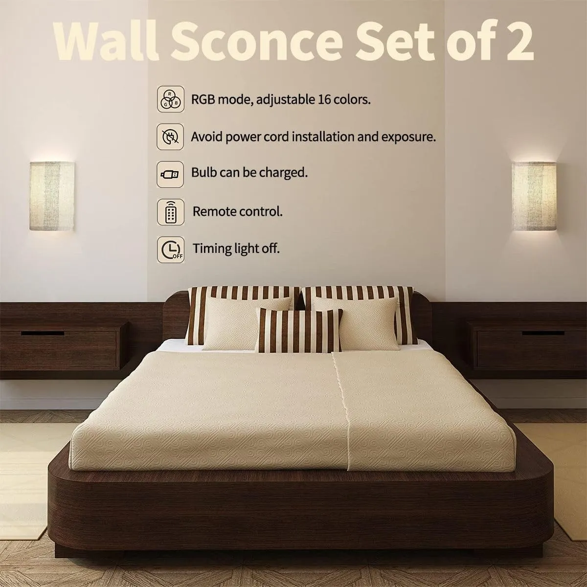 Wall Sconces Set of Two Battery Operated Monochrome Washed Canvas Textured Subtle Stripes Seamless Pattern Wireless Plug in Wall Lights Fixtures Remote Dimmable for Bedroom Living Room Hallway