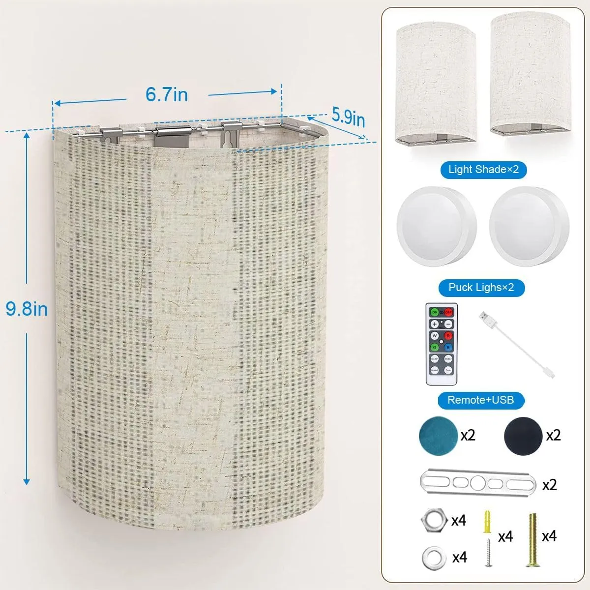 Wall Sconces Set of Two Battery Operated Monochrome Washed Canvas Textured Subtle Stripes Seamless Pattern Wireless Plug in Wall Lights Fixtures Remote Dimmable for Bedroom Living Room Hallway