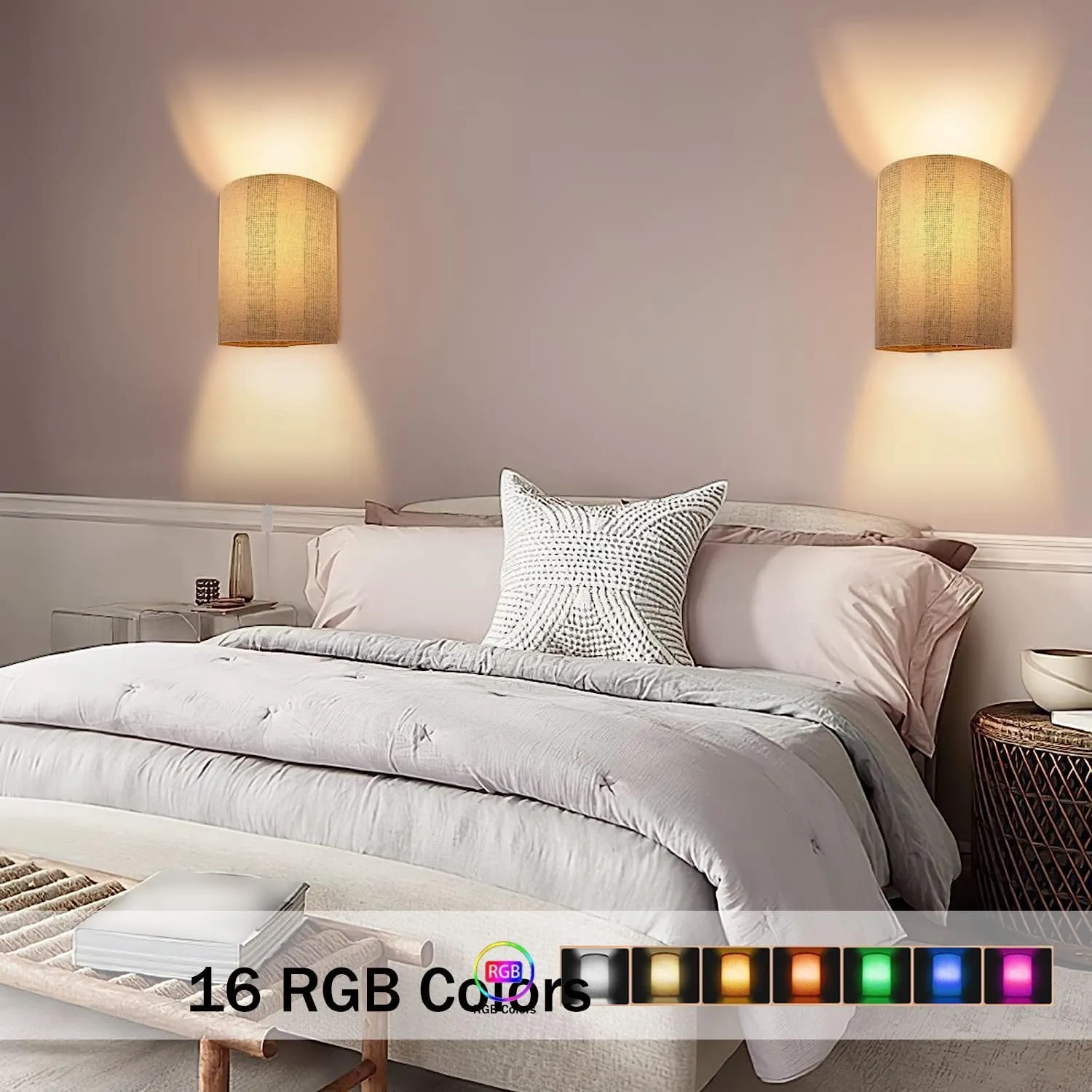 Wall Sconces Set of Two Battery Operated Monochrome Washed Canvas Textured Subtle Stripes Seamless Pattern Wireless Plug in Wall Lights Fixtures Remote Dimmable for Bedroom Living Room Hallway