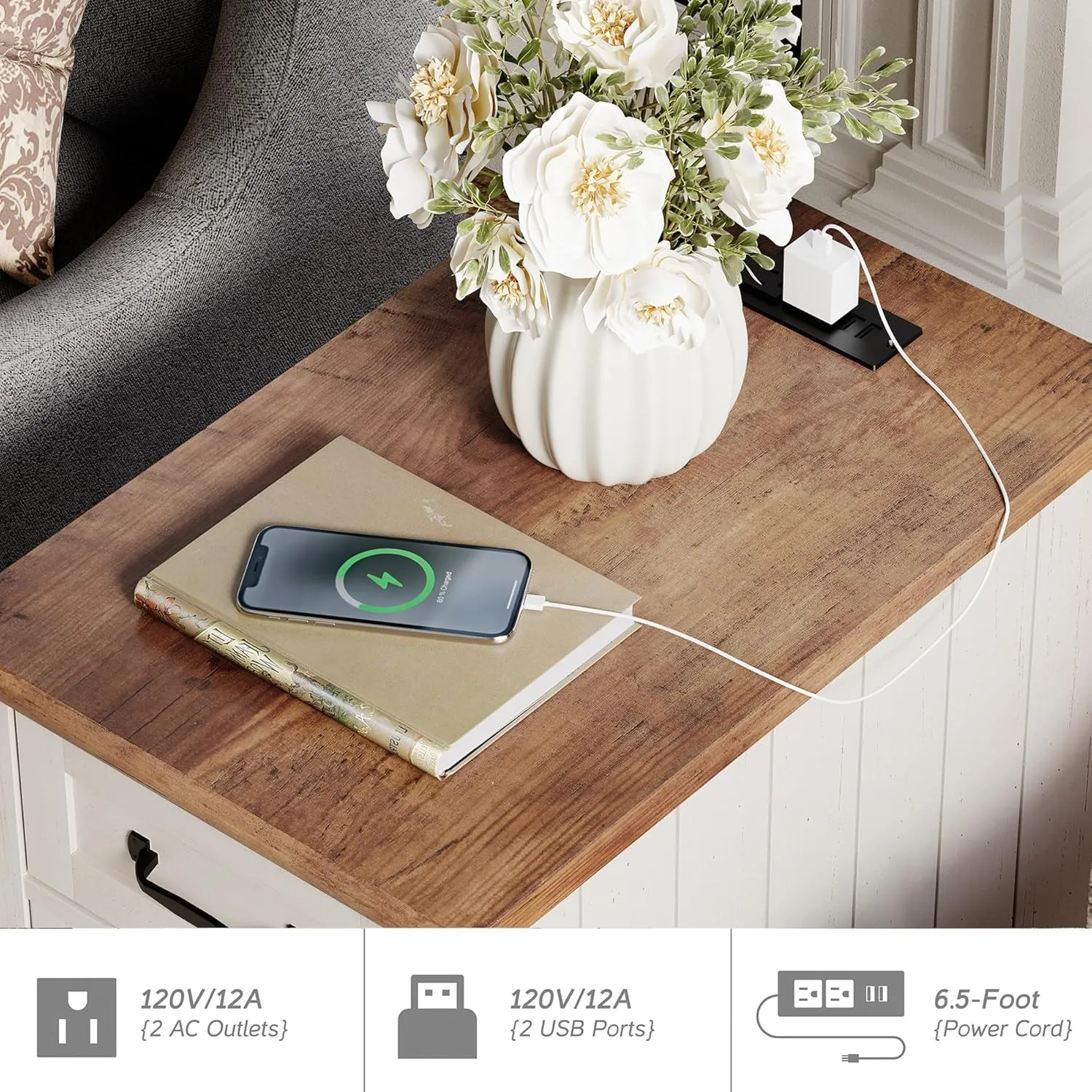 WAMPAT 2 Pack Off White End Table with Charging Station, Wood Side Sofa Table with Drawer and Storage Cabinet, Modern Nightstand with Power Outlets & USB Ports for Living Room, Bedroom