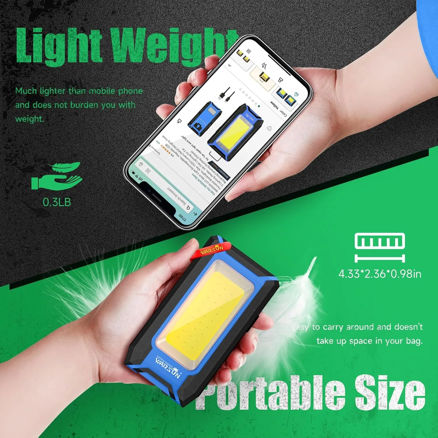 WARSUN 2PC LED Work Light Rechargeable, Magnetic COB Portable Worklights, 40w 1500 Lumens,Metal Hanging Hook 3 Lighting Modes, Job Site Lighting for Car Repairing,Camping,Hunting, Blue