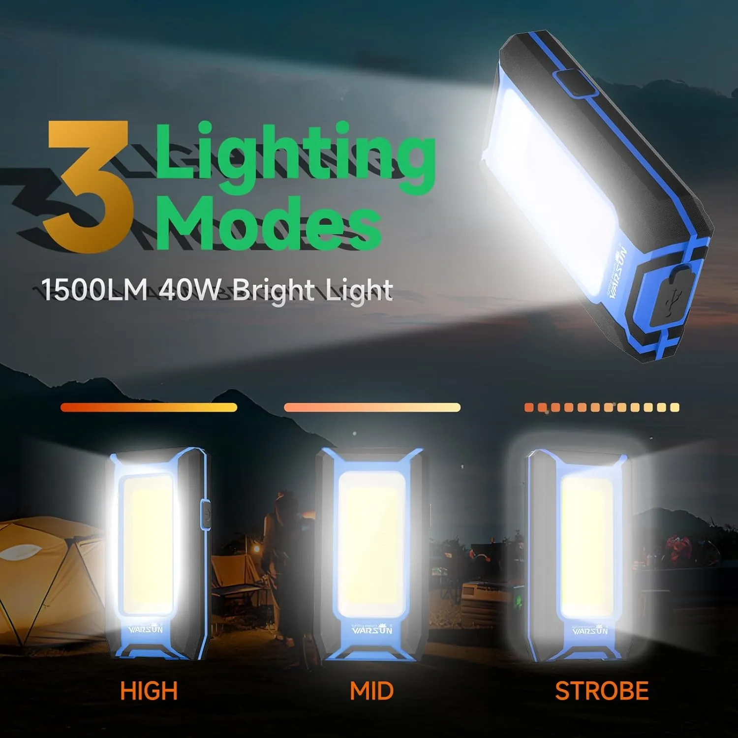 WARSUN 2PC LED Work Light Rechargeable, Magnetic COB Portable Worklights, 40w 1500 Lumens,Metal Hanging Hook 3 Lighting Modes, Job Site Lighting for Car Repairing,Camping,Hunting, Blue