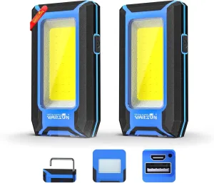 WARSUN 2PC LED Work Light Rechargeable, Magnetic COB Portable Worklights, 40w 1500 Lumens,Metal Hanging Hook 3 Lighting Modes, Job Site Lighting for Car Repairing,Camping,Hunting, Blue