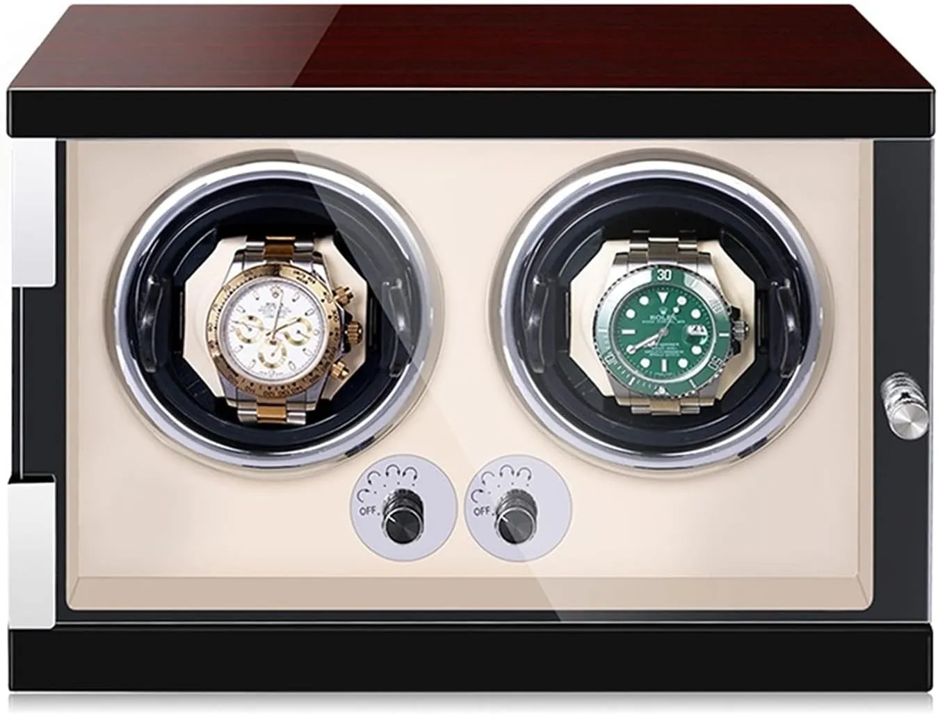 Watch Display Box Luxury Double Watch Winder Watch Storage Case Wood Shell Piano Self Winding Watch Rotator Box With Led Lightsquiet Motor Adjustable Watch PillowsBeige Pu-2 0
