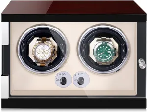 Watch Display Box Luxury Double Watch Winder Watch Storage Case Wood Shell Piano Self Winding Watch Rotator Box With Led Lightsquiet Motor Adjustable Watch PillowsBeige Pu-2 0