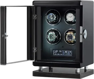 Watch Winder for 4 Watches 6 Rotation Modes Silent Motor LCD Touch Display Smart Fingerprint with Remote Control Blue LED Light with 6 Rotation Mode