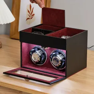 Watch Winder for Automatic Watches 2 Watch Rotator and Extra Storages with Super Quiet Motor and LED Backlight(Rojo)