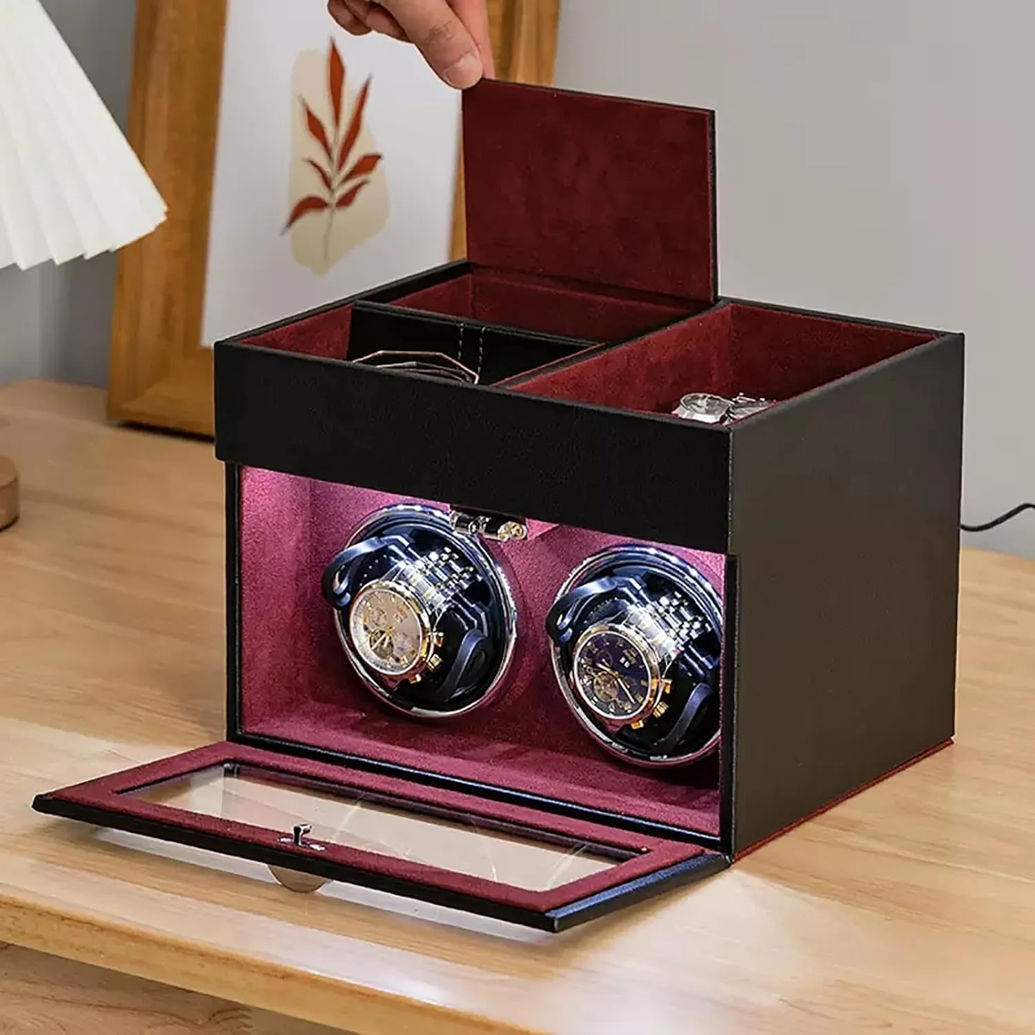 Watch Winder for Automatic Watches 2 Watch Rotator and Extra Storages with Super Quiet Motor and LED Backlight(Rojo)