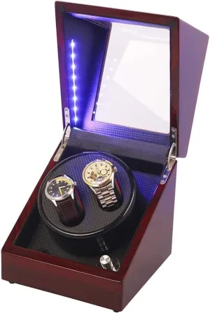 Watch Winder for Watches Wooden Double Automatic Watch Winder Storage Boxes Watch Winding Case for 2 Watches, 5 Rotation Modes, LED Light, Gift