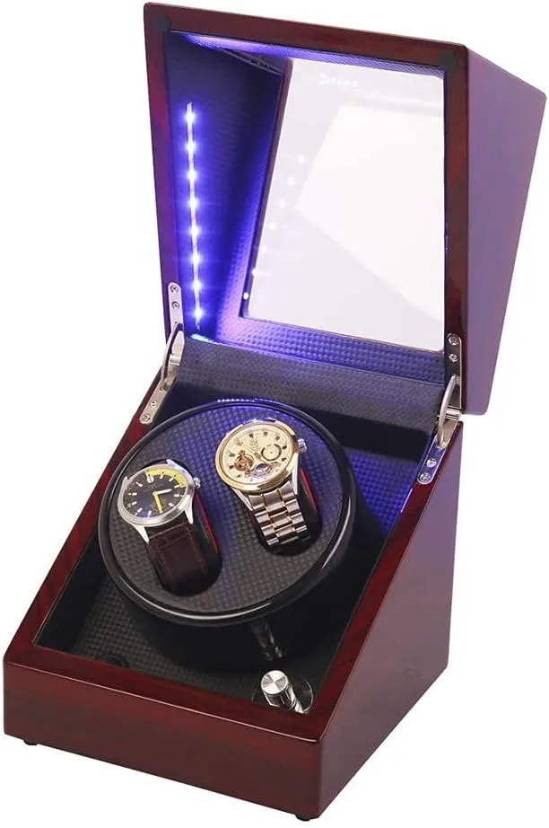 Watch Winder for Watches Wooden Double Automatic Watch Winder Storage Boxes Watch Winding Case for 2 Watches, 5 Rotation Modes, LED Light, Gift