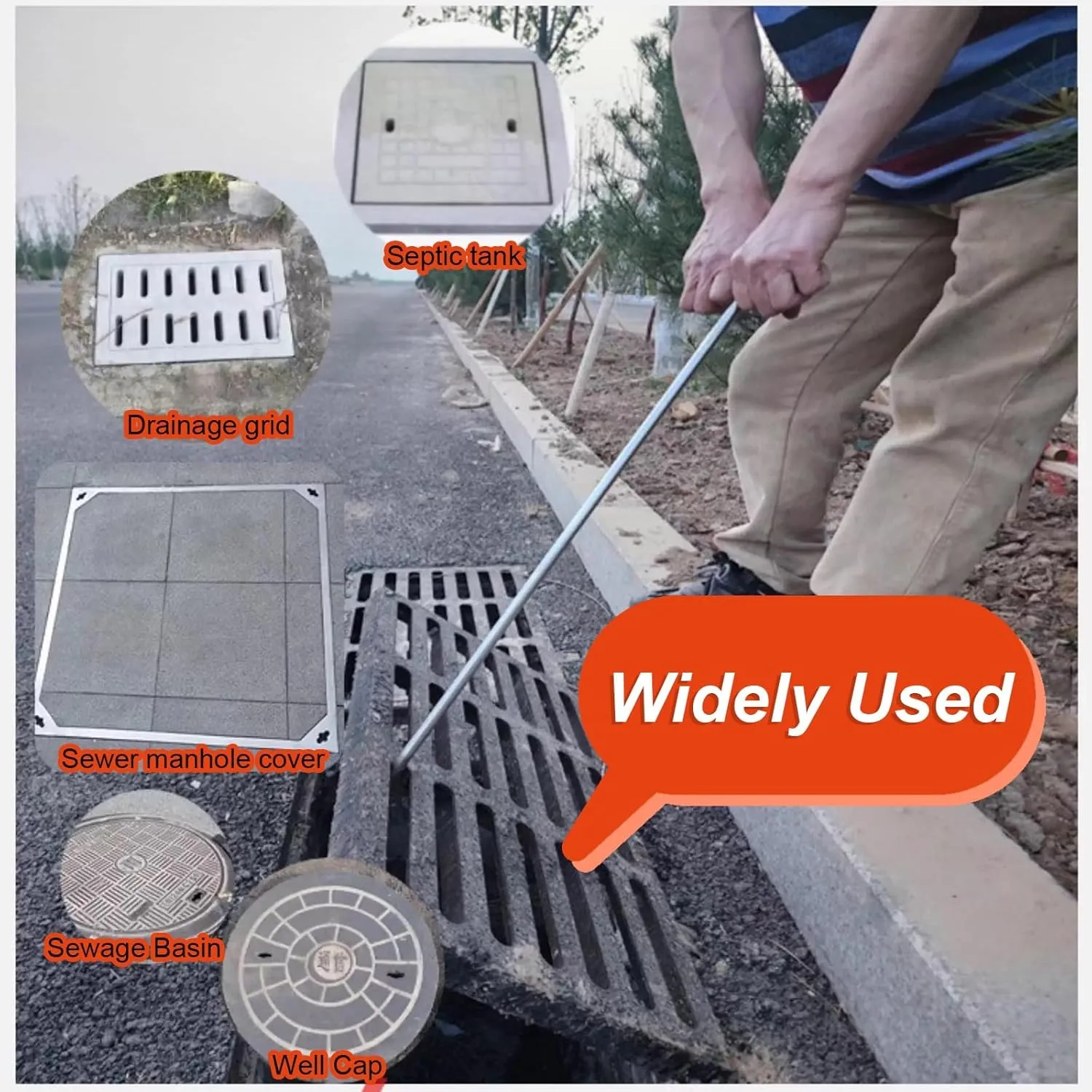 WDJBPSH 2 Pcs Manhole Cover Hook Lid Lifter, Stainless Steel Drain Grate Hooks with Steel T-Style Handle, Metal Single Hook End/Drain Covers Crowbar/Sewer Lids Puller(Dia-8mm,L - 7.8in)