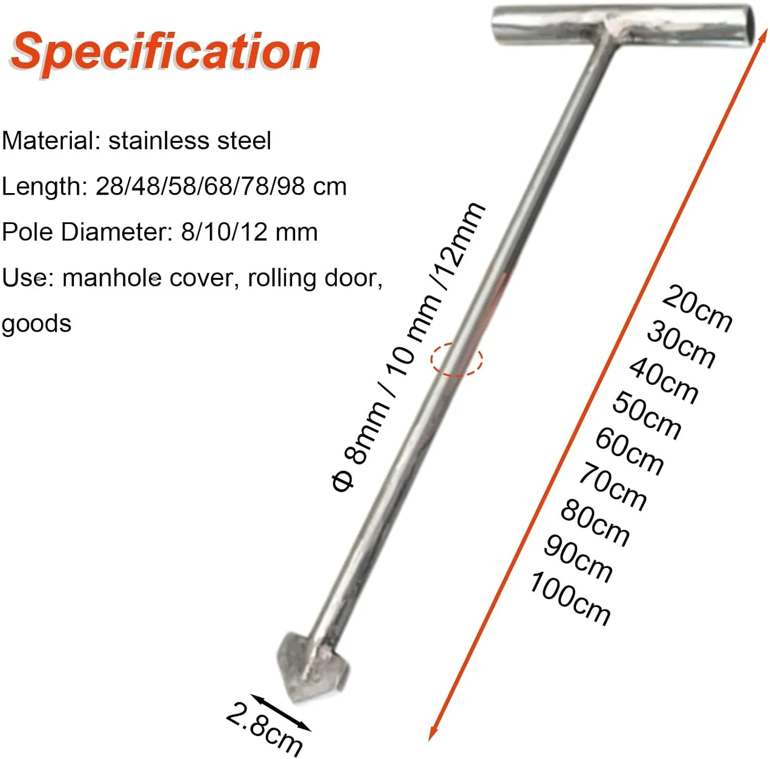 WDJBPSH 2 Pcs Manhole Cover Hook Lid Lifter, Stainless Steel Drain Grate Hooks with Steel T-Style Handle, Metal Single Hook End/Drain Covers Crowbar/Sewer Lids Puller(Dia-8mm,L - 7.8in)