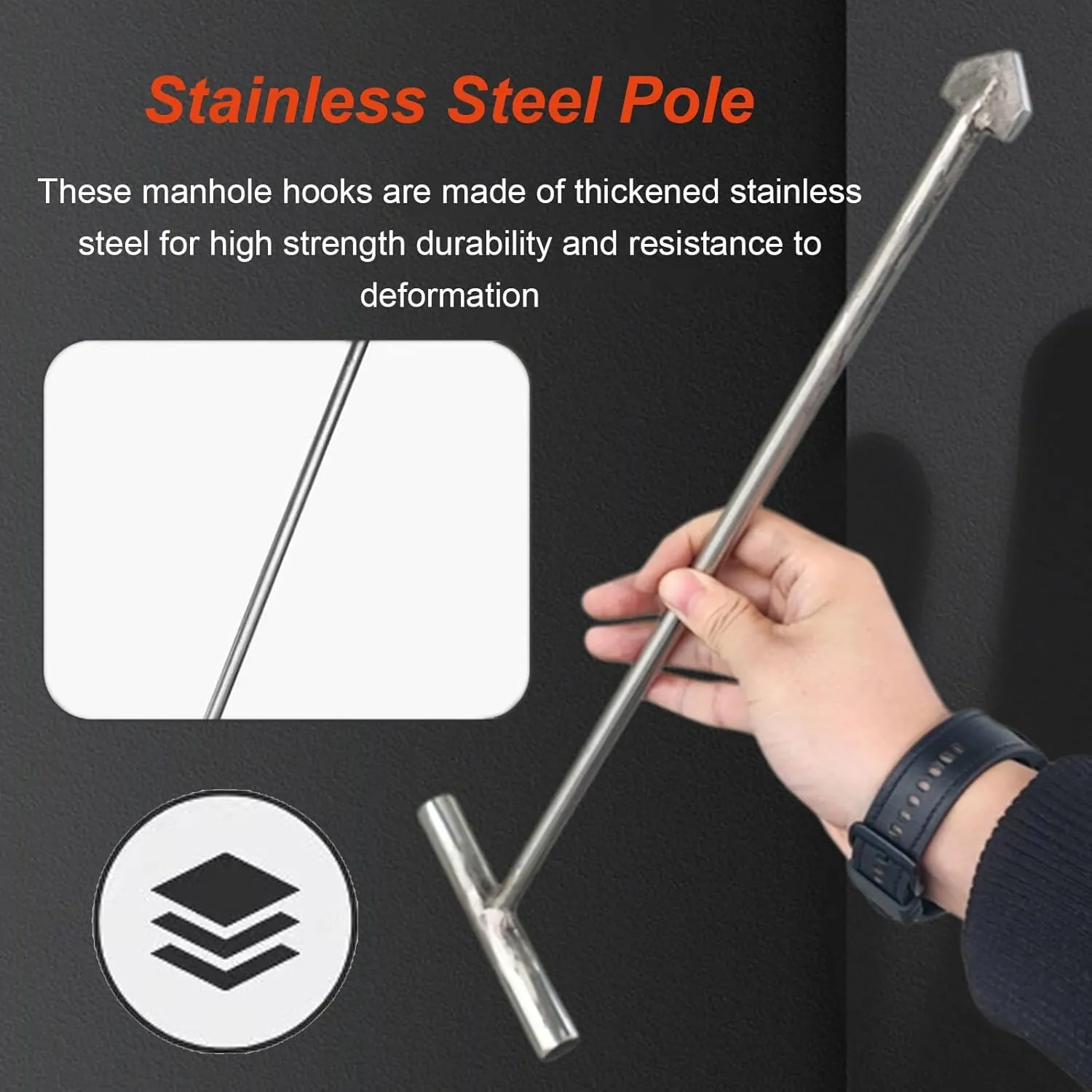 WDJBPSH 2 Pcs Manhole Cover Hook Lid Lifter, Stainless Steel Drain Grate Hooks with Steel T-Style Handle, Metal Single Hook End/Drain Covers Crowbar/Sewer Lids Puller(Dia-8mm,L - 7.8in)
