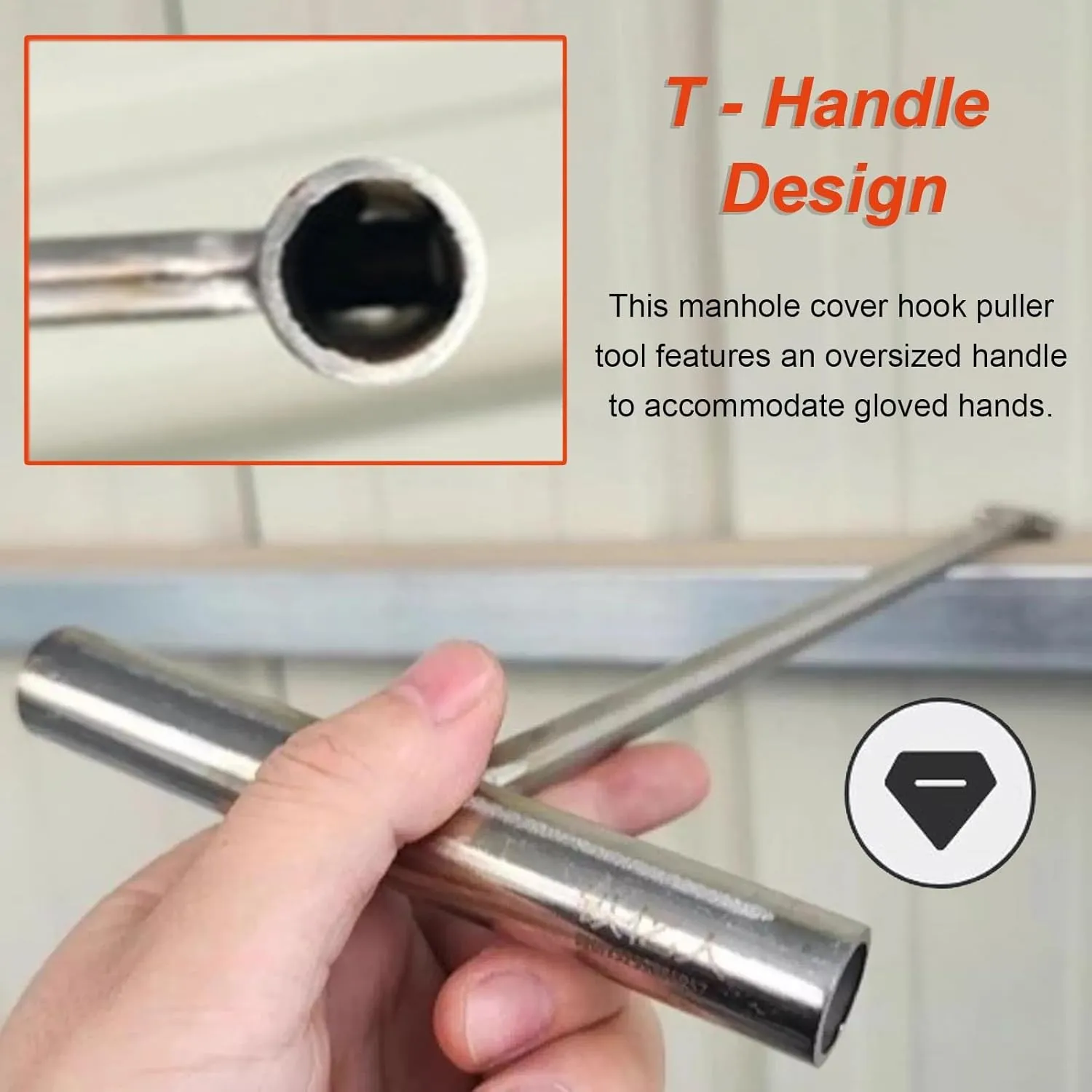 WDJBPSH 2 Pcs Manhole Cover Hook Lid Lifter, Stainless Steel Drain Grate Hooks with Steel T-Style Handle, Metal Single Hook End/Drain Covers Crowbar/Sewer Lids Puller(Dia-8mm,L - 7.8in)