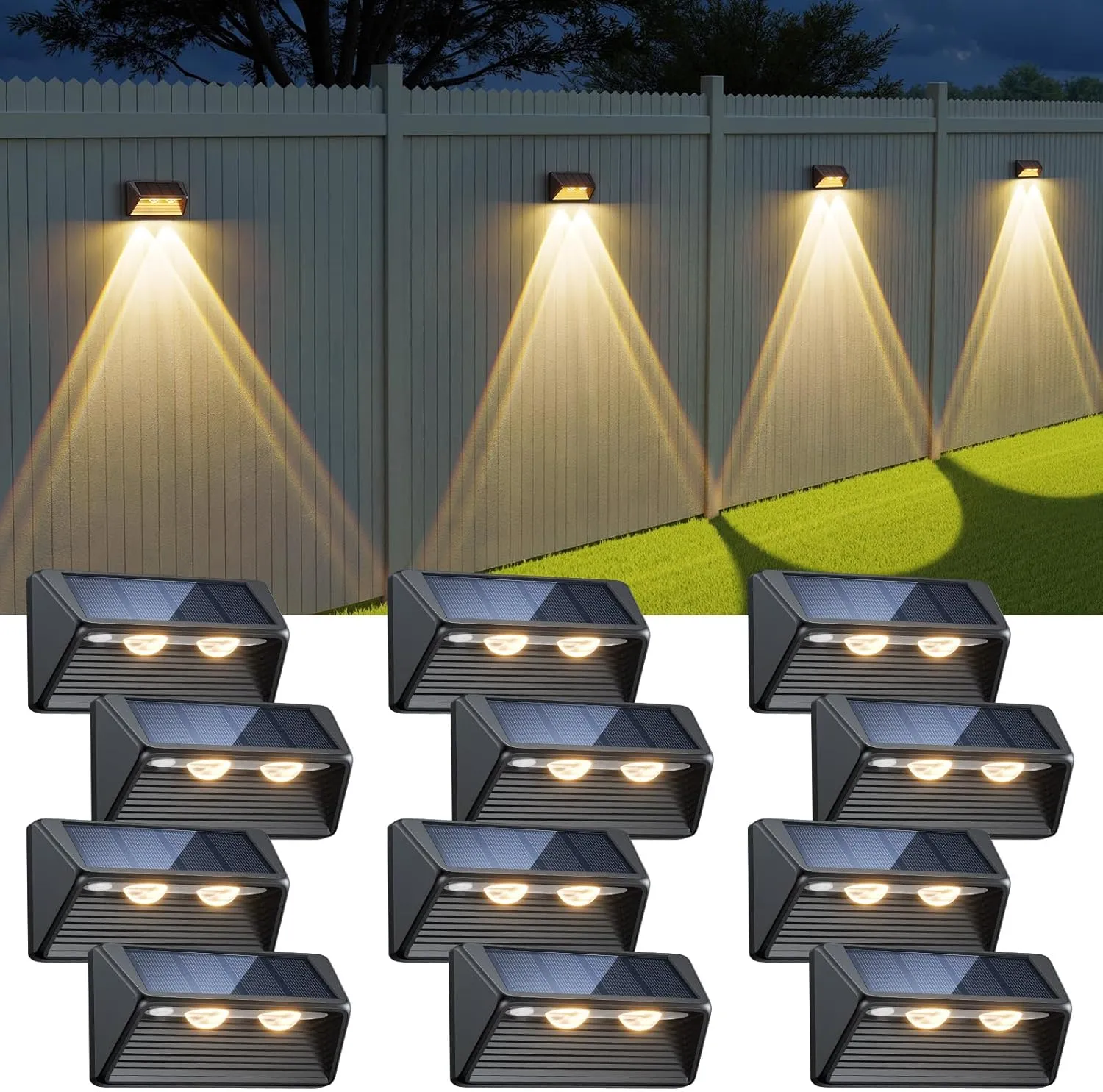 WdtPro Solar Fence Lights Outdoor - 3500K/6000K 2 Modes, Super Bright Lens LED Fence Lights Solar Powered, IP65 Waterproof Solar Deck Light for Outside Patio Step Stair Railing Wall (12 Pack)