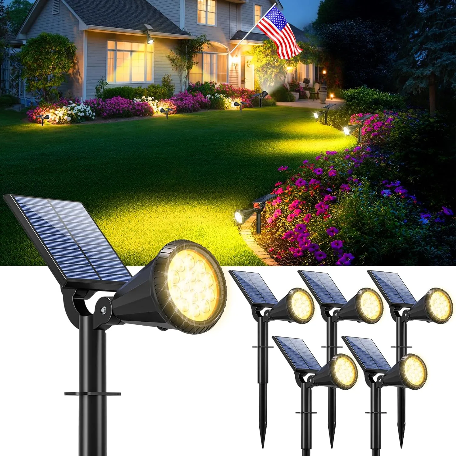 WELALO Solar Spot Lights Outdoor Waterproof for Flag, [6 Pack/4 Modes] Landscape Spotlights 180° Adjustable Solar Powered Lights for Walkway Pathway Tree Yard Garden Wall Driveway Statue Warm White
