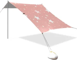 White Stars on Pink Background Designed UPF50  Foldable Beach Tent Waterproof Large Sun Shade with Sandbags, Sand Shovel, Poles for Camping Trips, Fishing, Backyard Fun or Picnics para