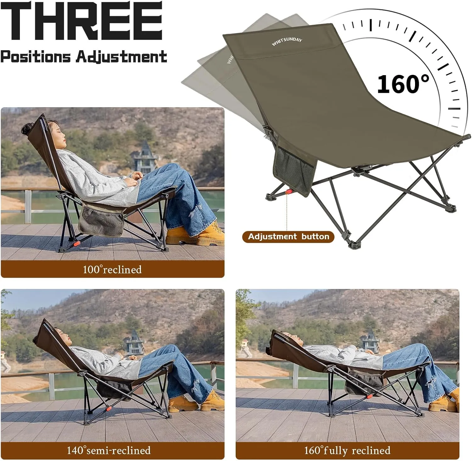 Whitsunday Camping Lounge Chair, 3 Adjustments Reclining Camping Chair, Lawn Chairs Folding Chair with Side Pocket for Camping, Beach, Picnic Grey