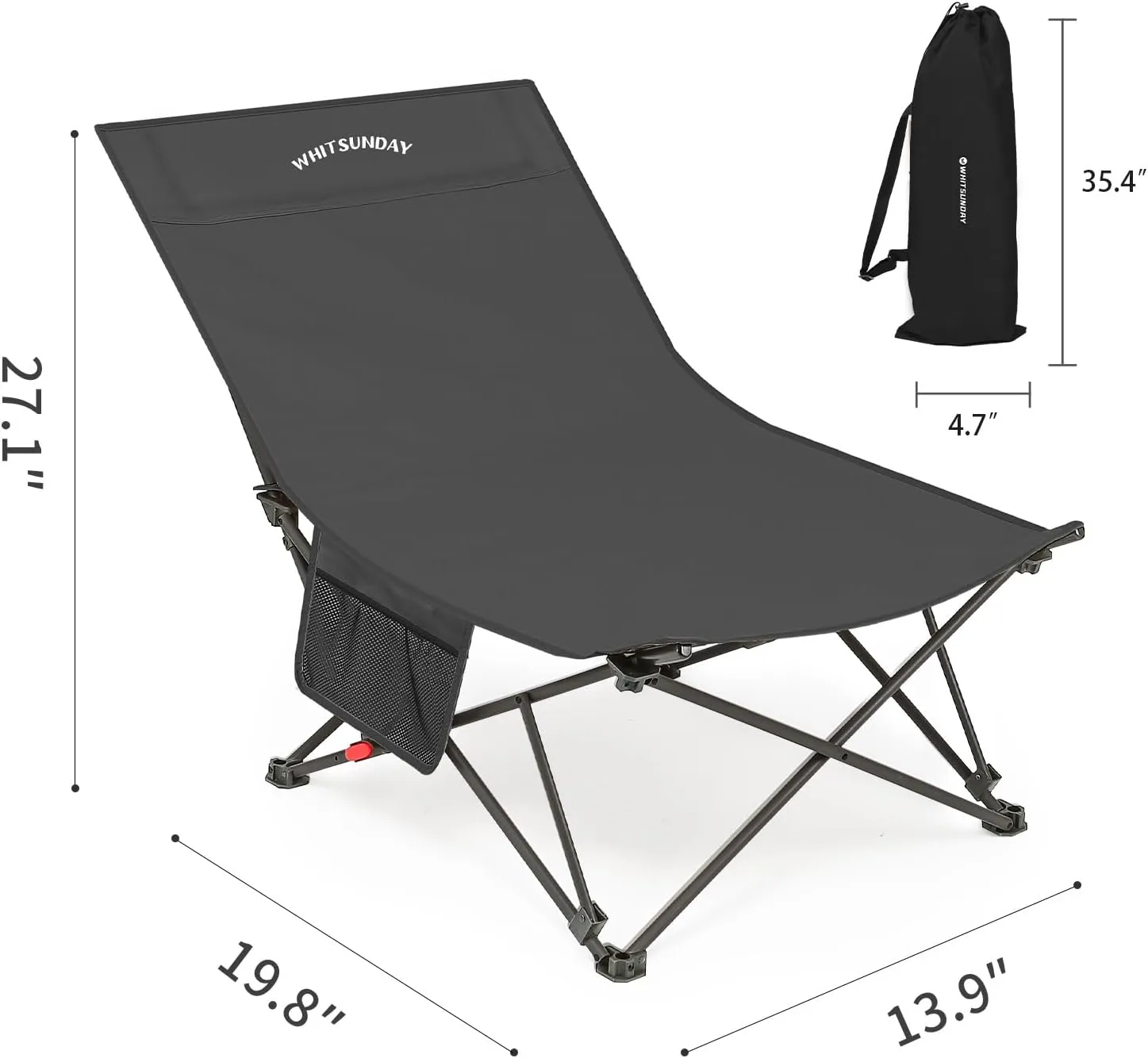 Whitsunday Camping Lounge Chair, 3 Adjustments Reclining Camping Chair, Lawn Chairs Folding Chair with Side Pocket for Camping, Beach, Picnic Grey