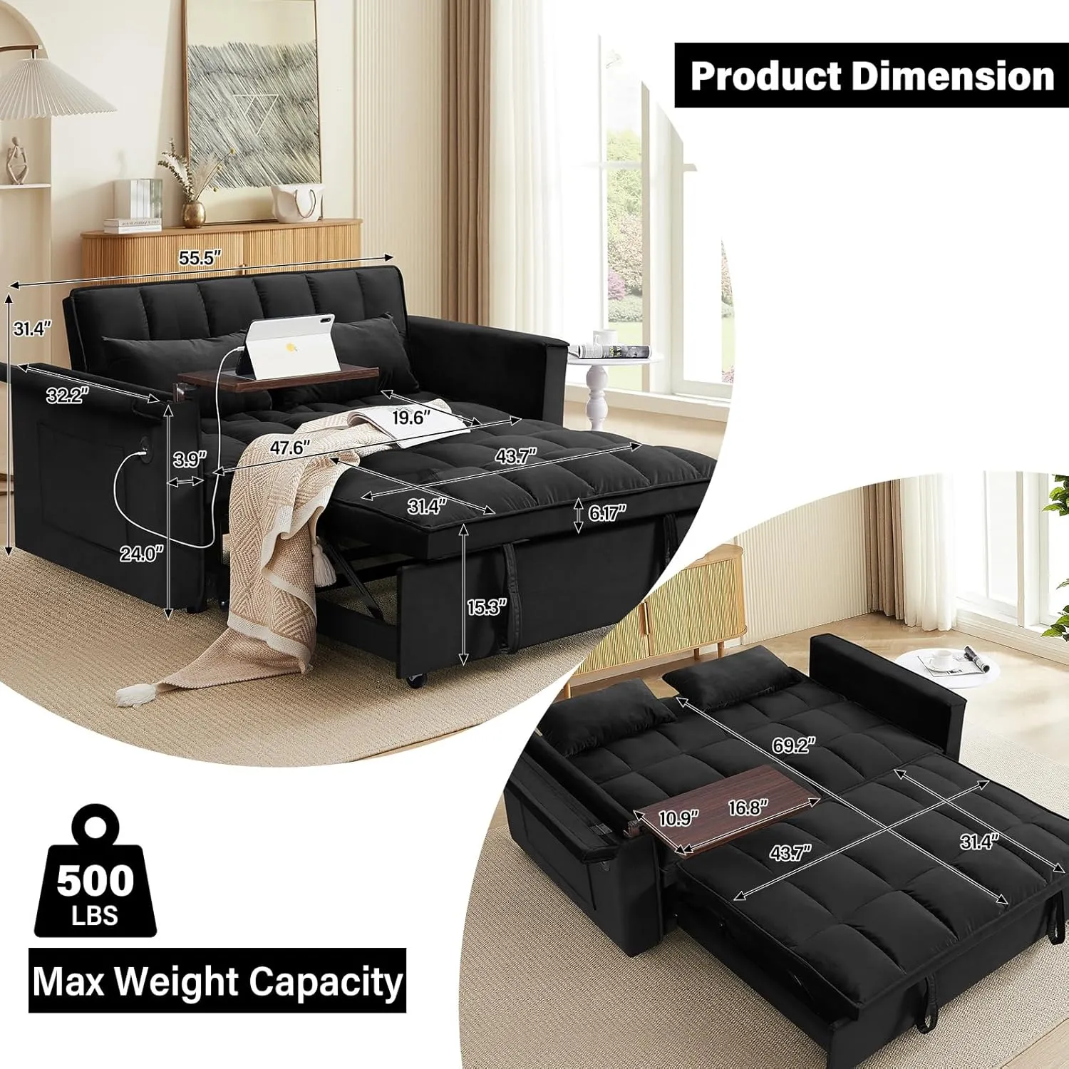 WIIS' IDEA Convertible Sofa Bed,3-in-1 Velvet Sleeper Couch Pull-Out Bed,55'' Loveseat Sleeper Sofa Bed with Adjustable Backrest with 2 Pillows and Storage Bag & USB Port and Hidden Side Table,Black