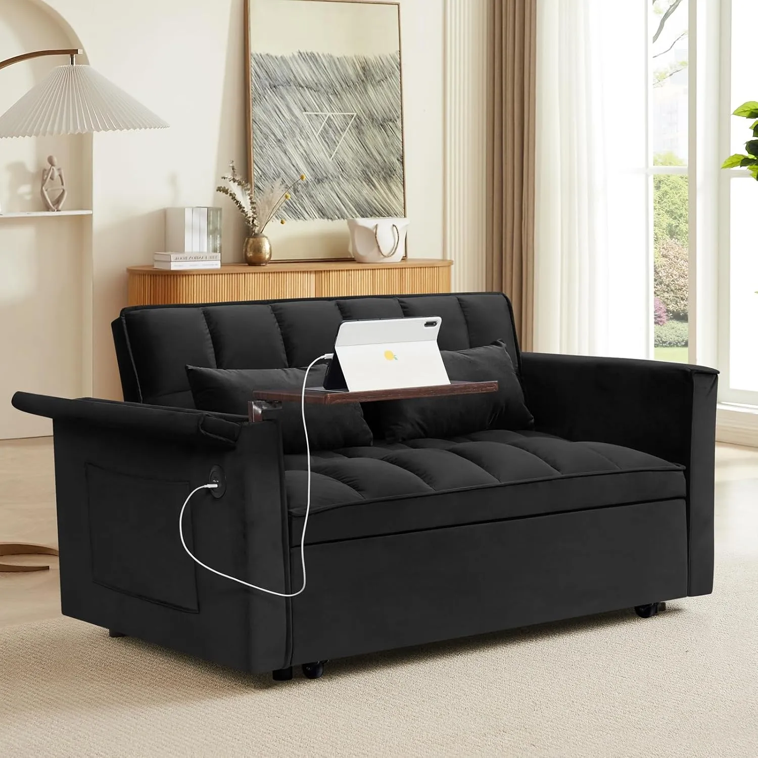 WIIS' IDEA Convertible Sofa Bed,3-in-1 Velvet Sleeper Couch Pull-Out Bed,55'' Loveseat Sleeper Sofa Bed with Adjustable Backrest with 2 Pillows and Storage Bag & USB Port and Hidden Side Table,Black