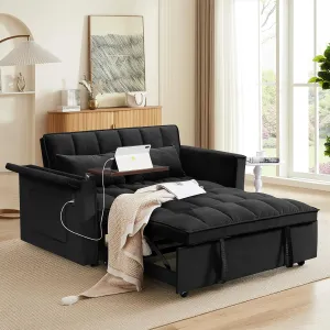 WIIS' IDEA Convertible Sofa Bed,3-in-1 Velvet Sleeper Couch Pull-Out Bed,55'' Loveseat Sleeper Sofa Bed with Adjustable Backrest with 2 Pillows and Storage Bag & USB Port and Hidden Side Table,Black