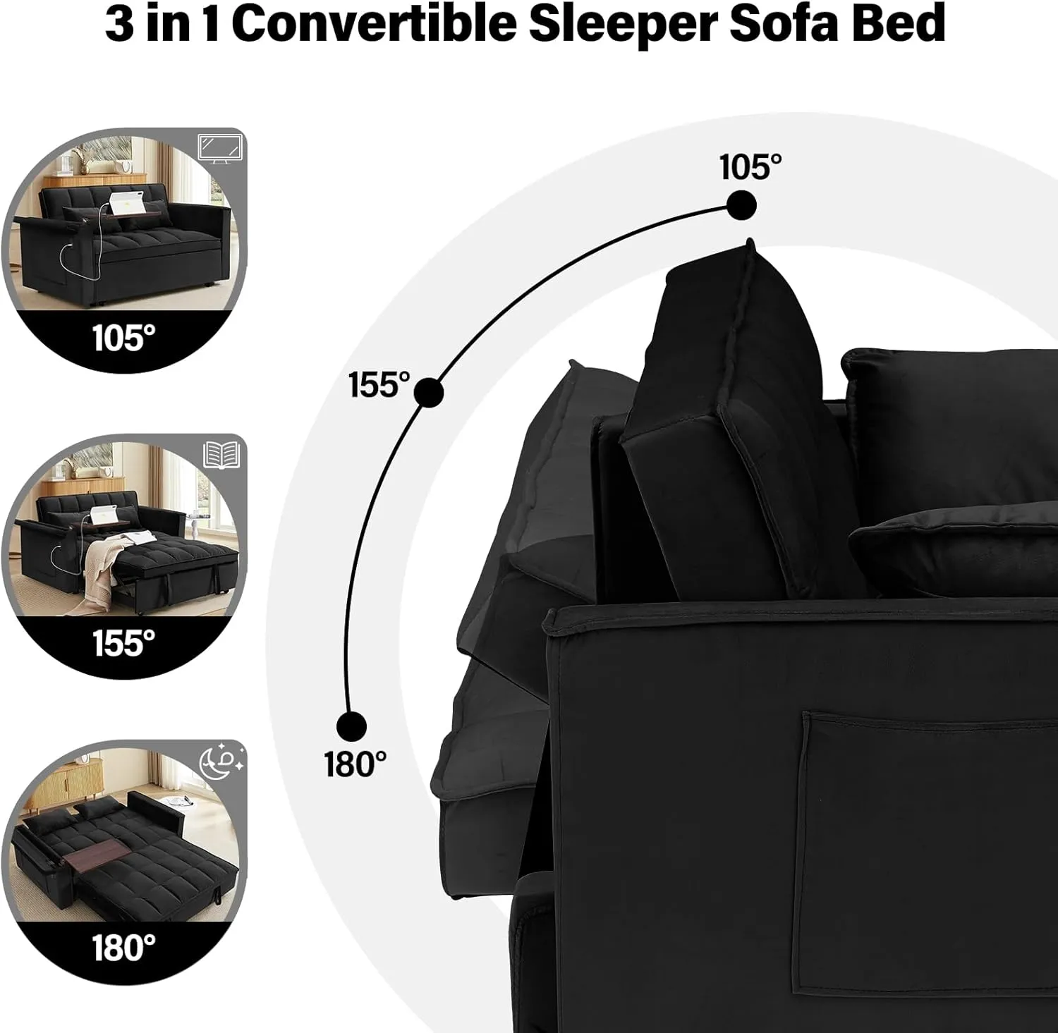 WIIS' IDEA Convertible Sofa Bed,3-in-1 Velvet Sleeper Couch Pull-Out Bed,55'' Loveseat Sleeper Sofa Bed with Adjustable Backrest with 2 Pillows and Storage Bag & USB Port and Hidden Side Table,Black