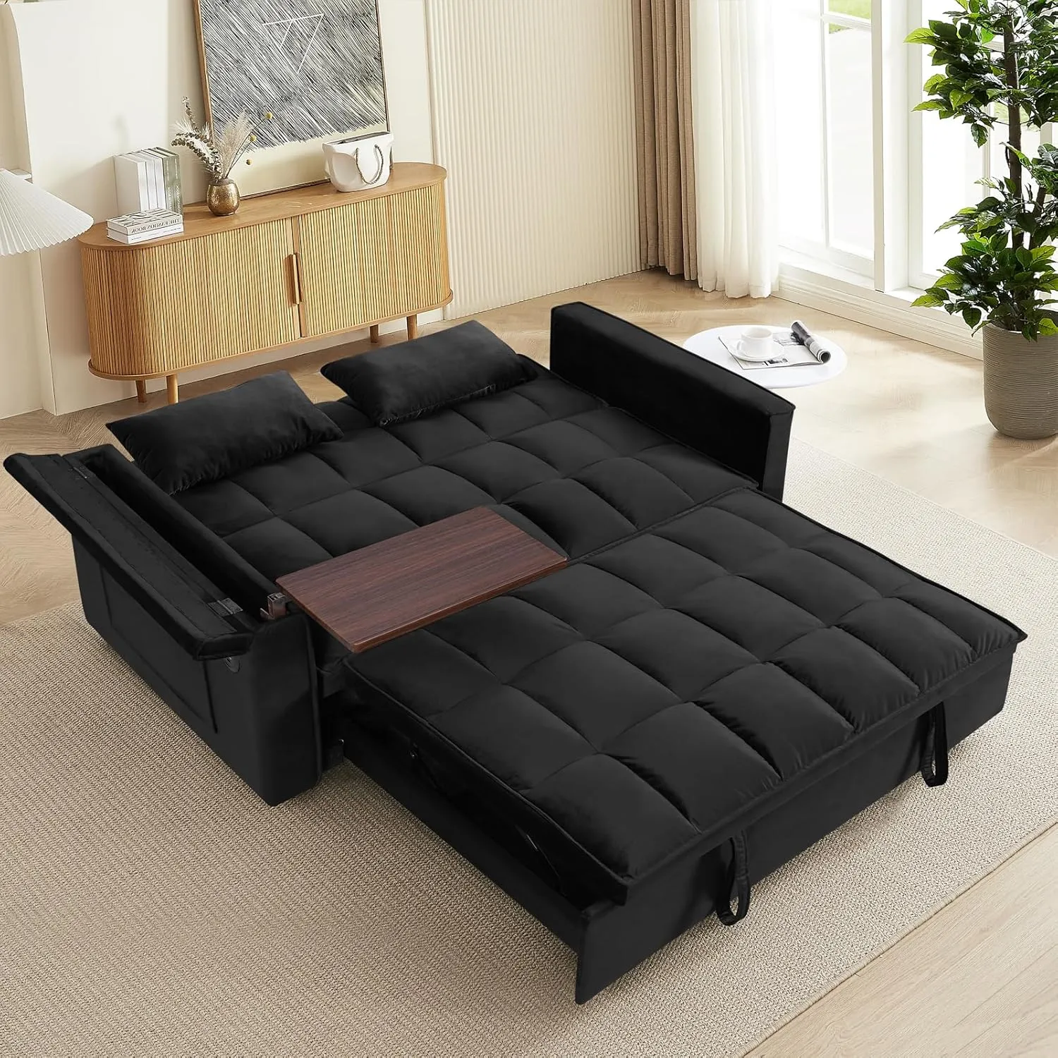 WIIS' IDEA Convertible Sofa Bed,3-in-1 Velvet Sleeper Couch Pull-Out Bed,55'' Loveseat Sleeper Sofa Bed with Adjustable Backrest with 2 Pillows and Storage Bag & USB Port and Hidden Side Table,Black