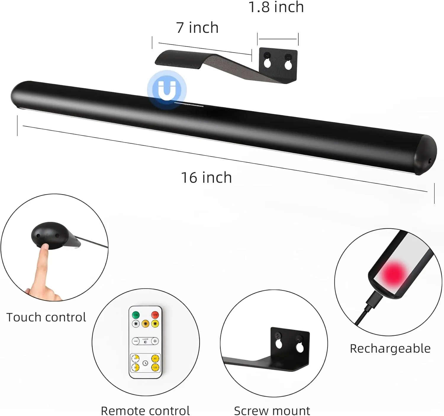 Wireless Picture Light 16inch Rechargeable Battery Painting Light Full Metal with Remote, Led Accent Art Display Light for Wall with Dimmer and Timer for Artwork Portrait Dartboard