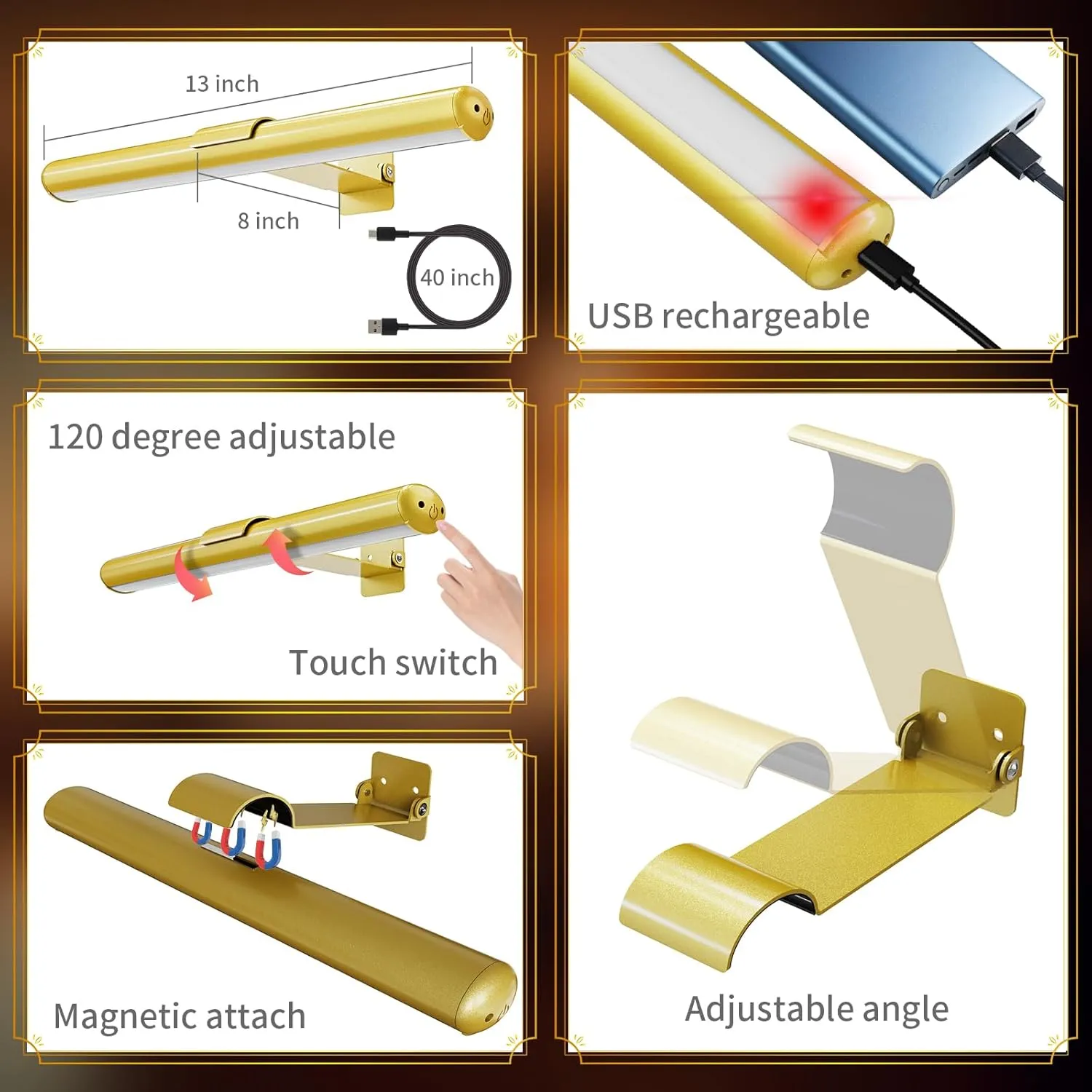 Wireless Picture Light, Rechargeable Battery Painting Light for Displaying Artwork, Display Light 300 Lumens, Adjustable Brightness LED Light Art Metal Dartboard (2 Pack Gold)