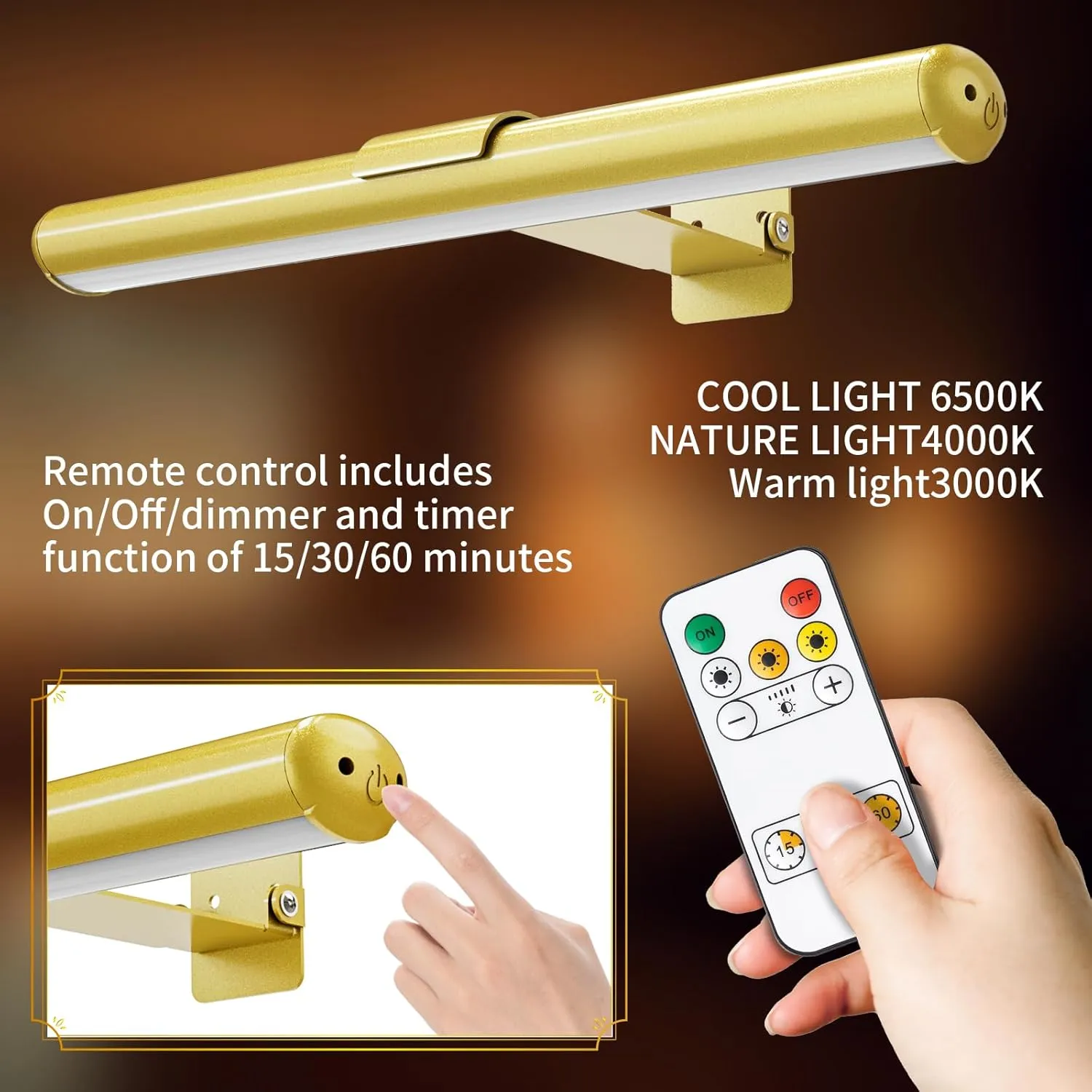 Wireless Picture Light, Rechargeable Battery Painting Light for Displaying Artwork, Display Light 300 Lumens, Adjustable Brightness LED Light Art Metal Dartboard (2 Pack Gold)