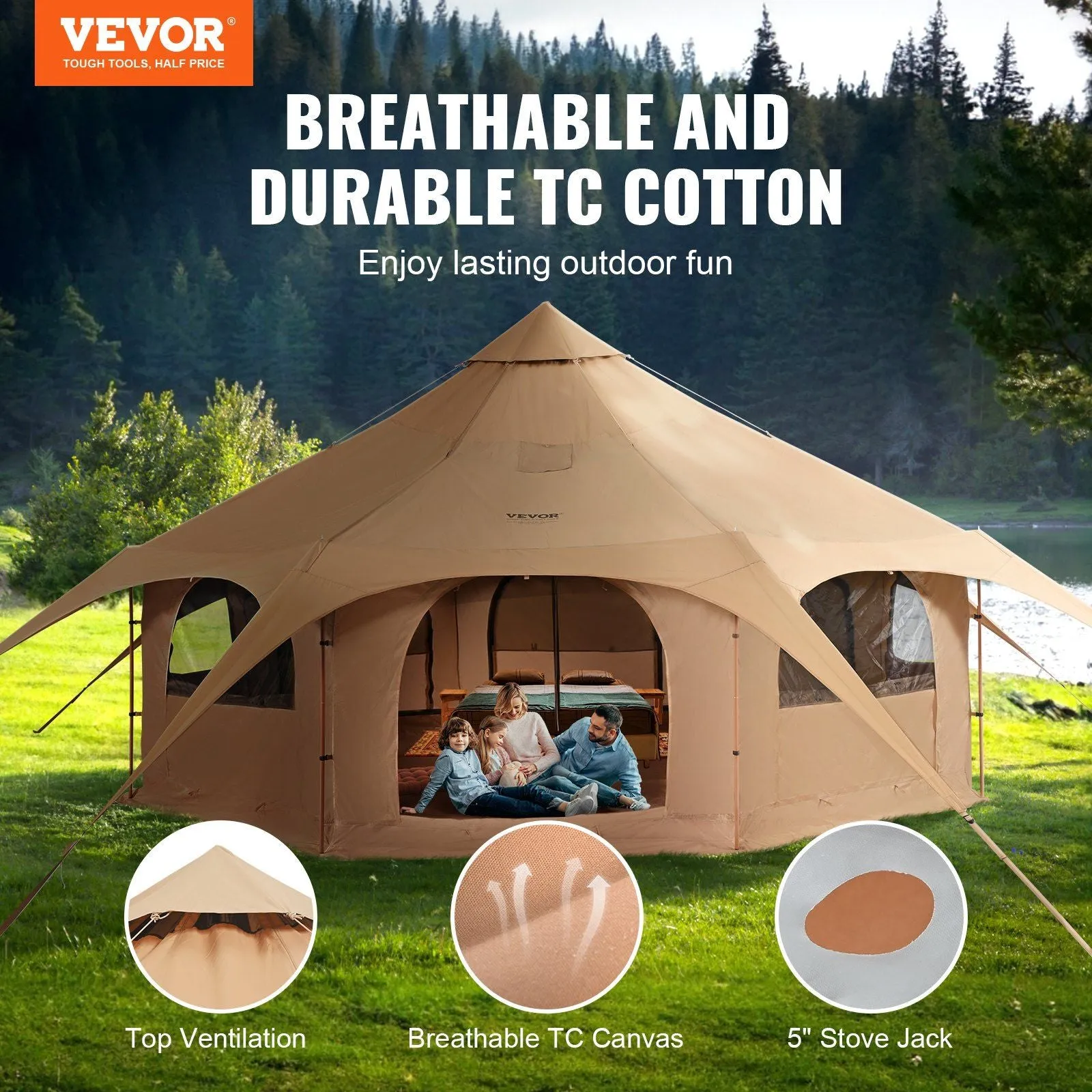 with Bell Seasons Breathable ft Hunting Tent, 5 Family Camping Jack, Tent Outdoor Beautifully designed m/16.4 Canvas Party Yurt up for for Tent Canvas Camping Stove 8 VEVOR People, Tent, to Safe transactions 4
